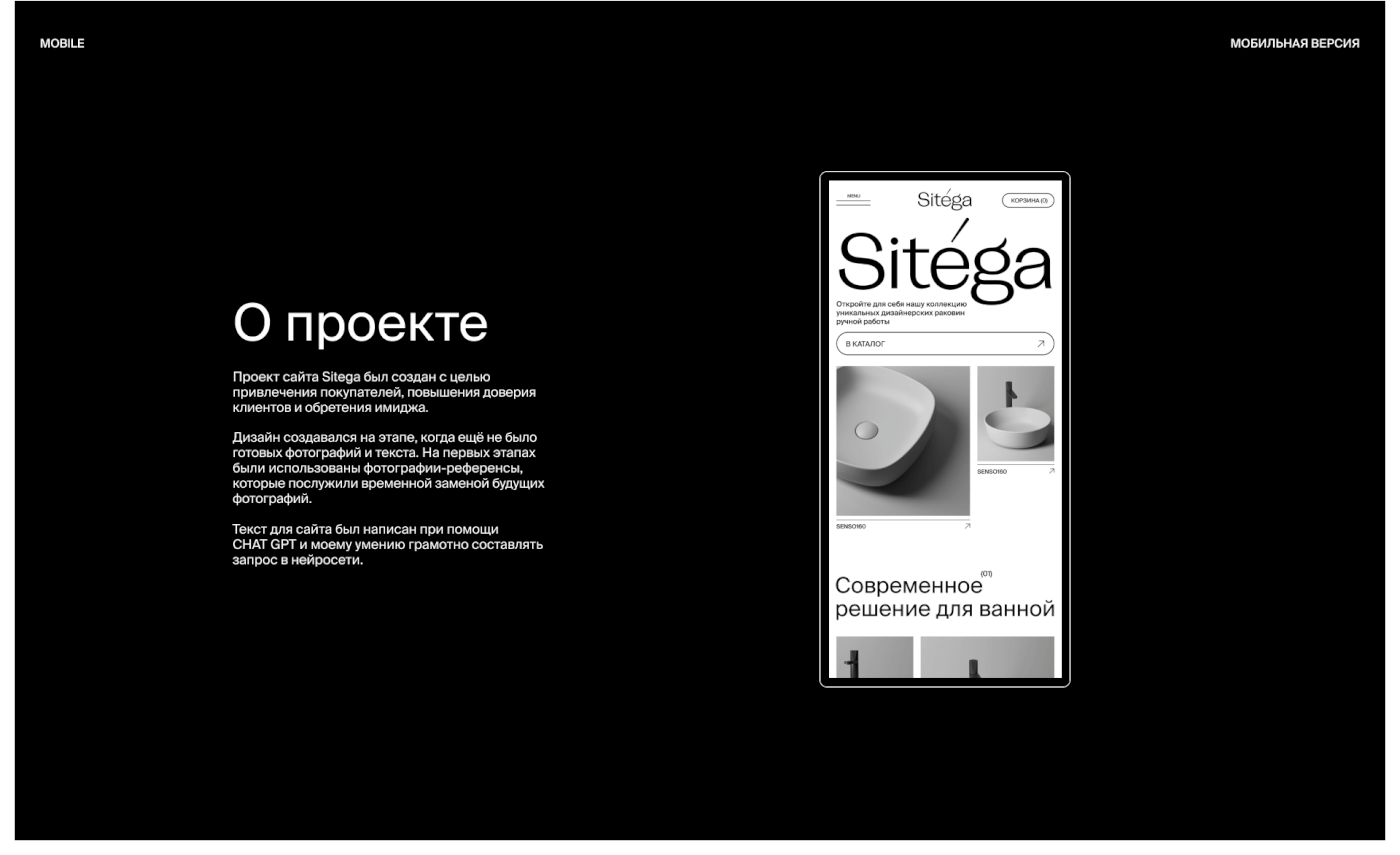 Sitega. Сайт для дизайнерских раковин ручной работы. — Изображение №2 — Интерфейсы, Брендинг на Dprofile