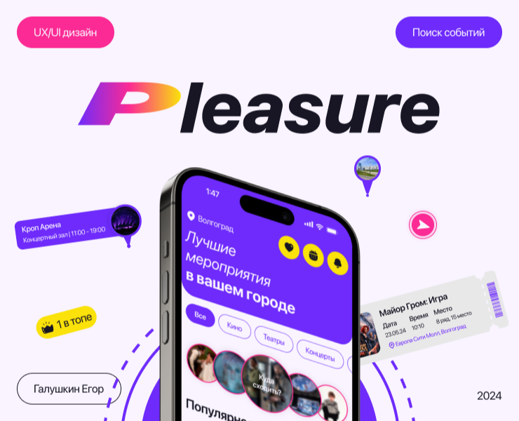 Pleasure | Event finder app, UX/UI design на Dprofile