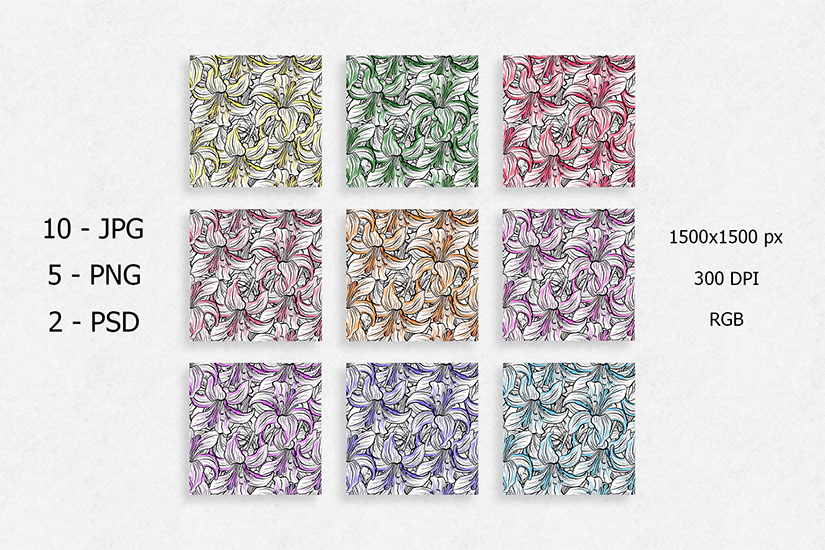 Бесшовные паттерны - лилии | Seamless patterns - Lilies — Изображение №1 — Иллюстрация на Dprofile
