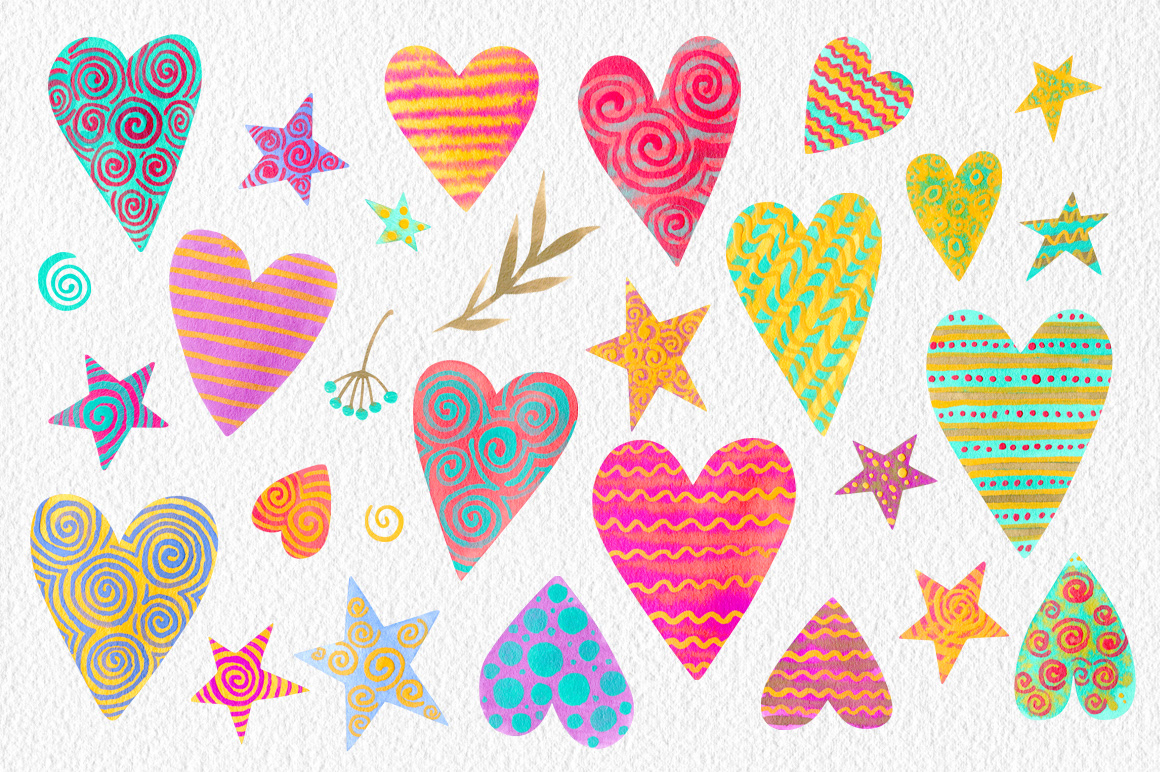 Harts and stars watercolor set — Изображение №1 — Иллюстрация, Графика на Dprofile