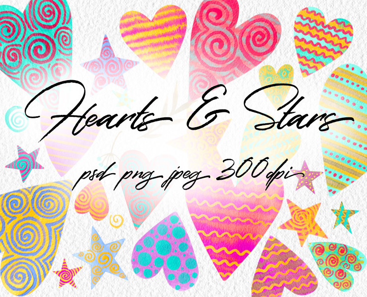 Harts and stars watercolor set — Иллюстрация, Графика на Dprofile