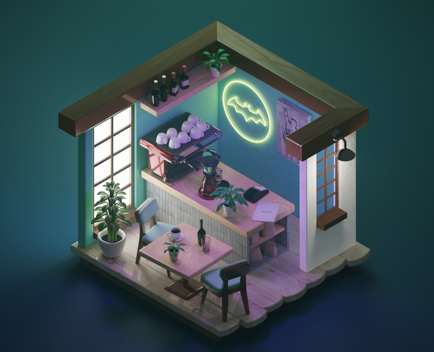 Isometric cafe in Blender 3D — Иллюстрация, Анимация на Dprofile