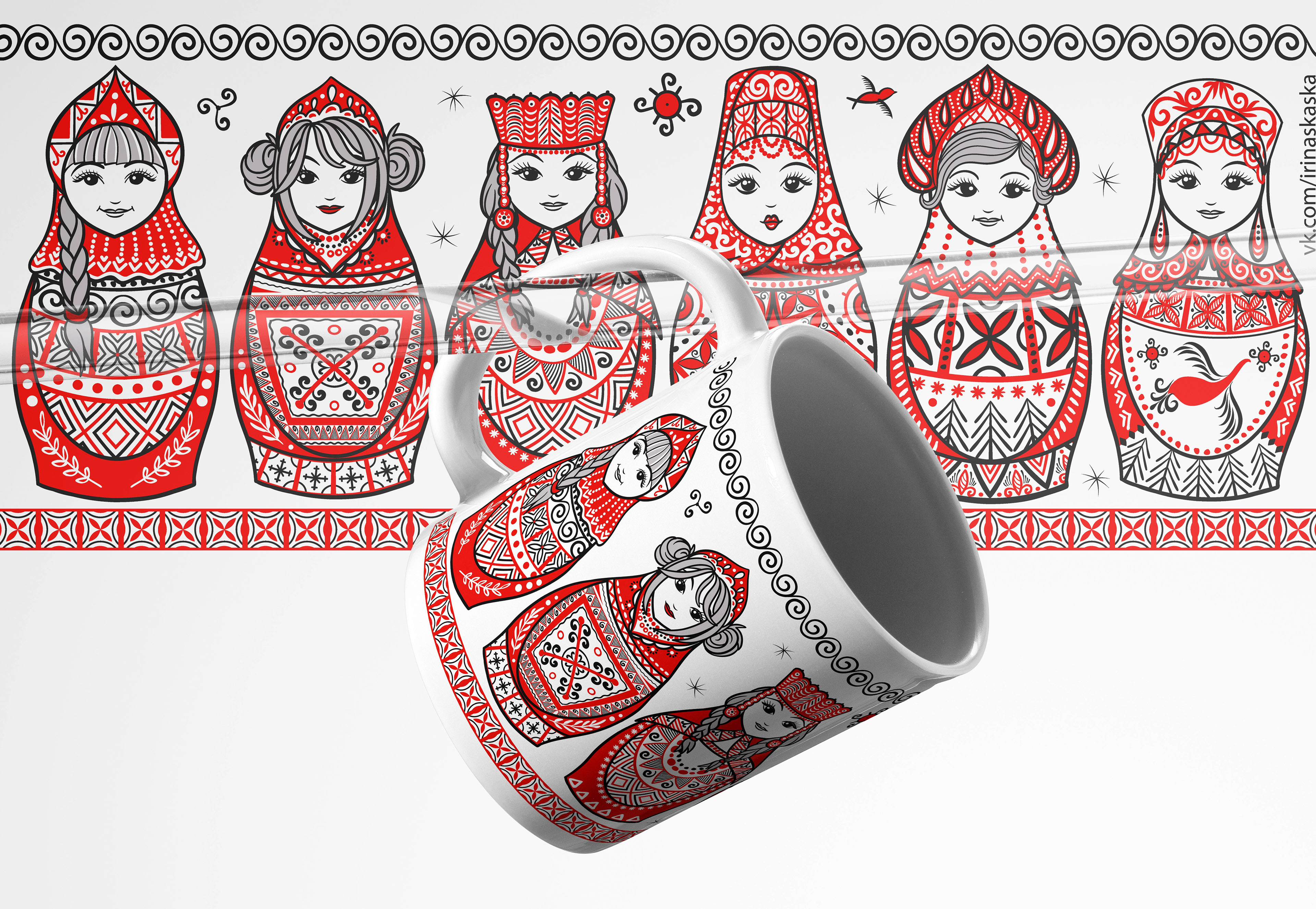 Иллюстрации для кружек в стиле мезенской росписи. — Изображение №1 — Иллюстрация, Графика на Dprofile