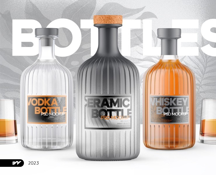 Alcohol Bottles with Glasses Set Mockup — Брендинг, 3D на Dprofile