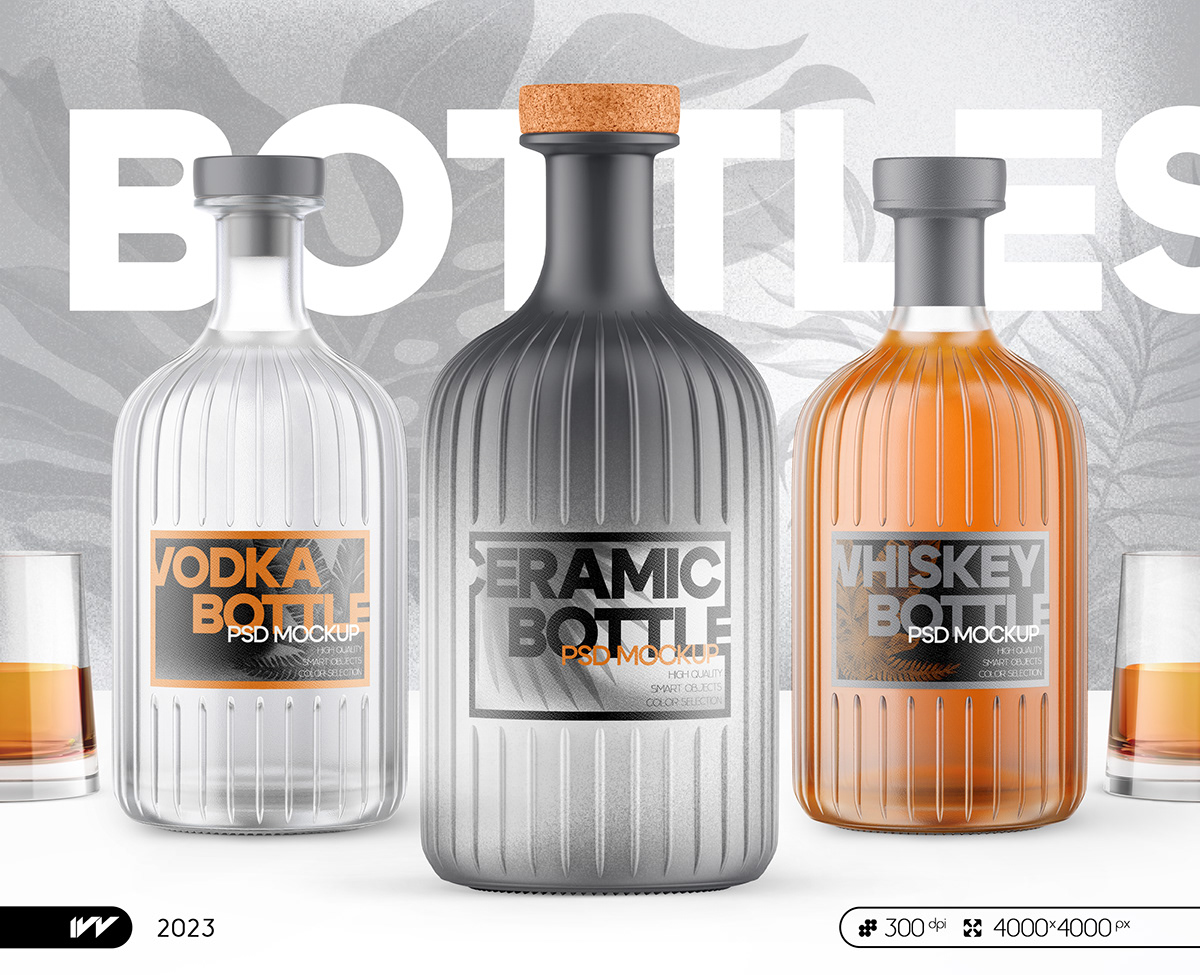 Alcohol Bottles with Glasses Set Mockup — Изображение №1 — Брендинг, 3D на Dprofile