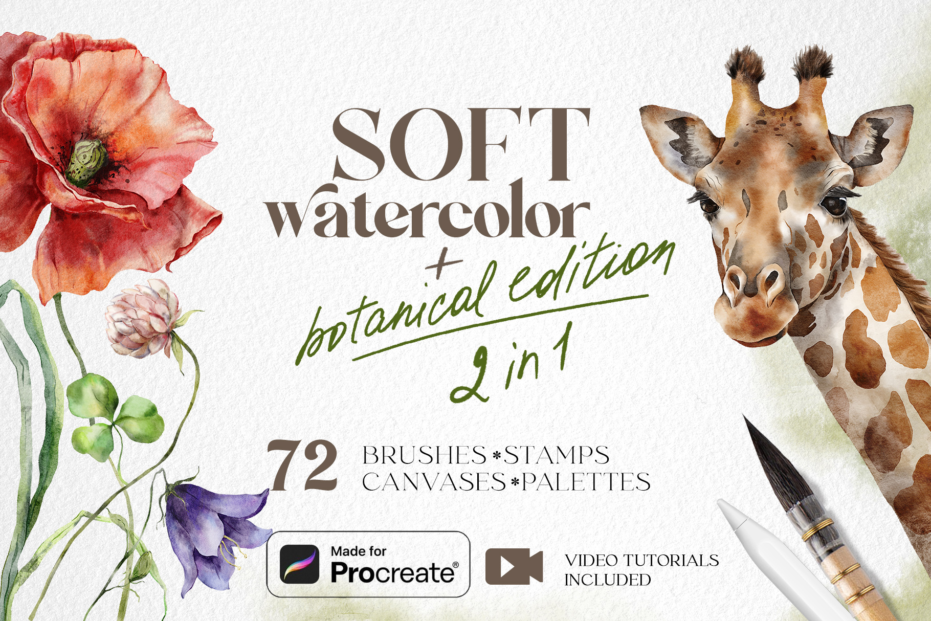 Soft watercolor Procreate brushes + botanical edition — Изображение №1 — Иллюстрация, Графика на Dprofile