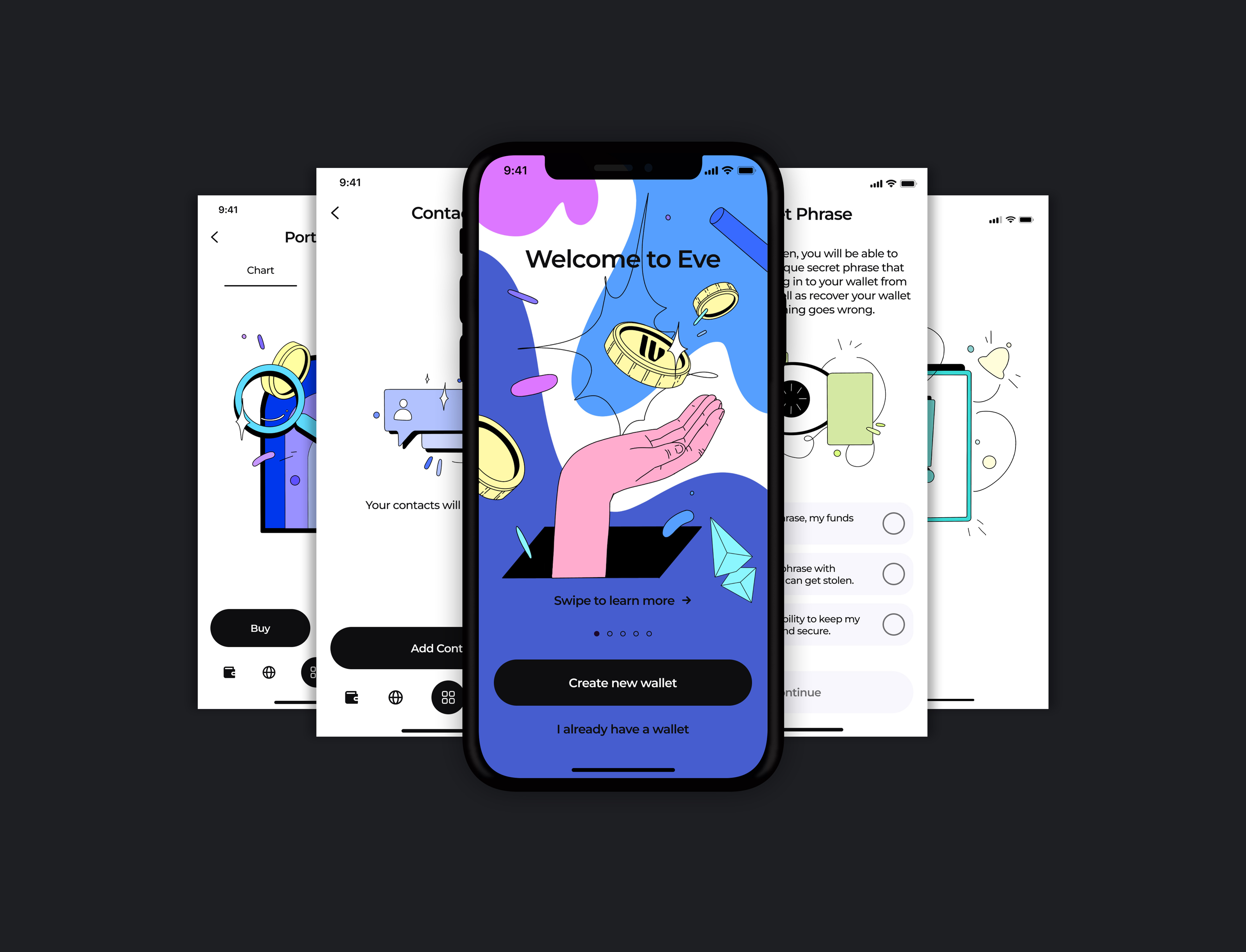 Сет иллюстраций для мобильного криптокошелька Eve Wallet — Изображение №1 — Интерфейсы, Иллюстрация на Dprofile