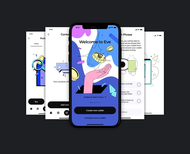 Сет иллюстраций для мобильного криптокошелька Eve Wallet — Интерфейсы, Иллюстрация на Dprofile