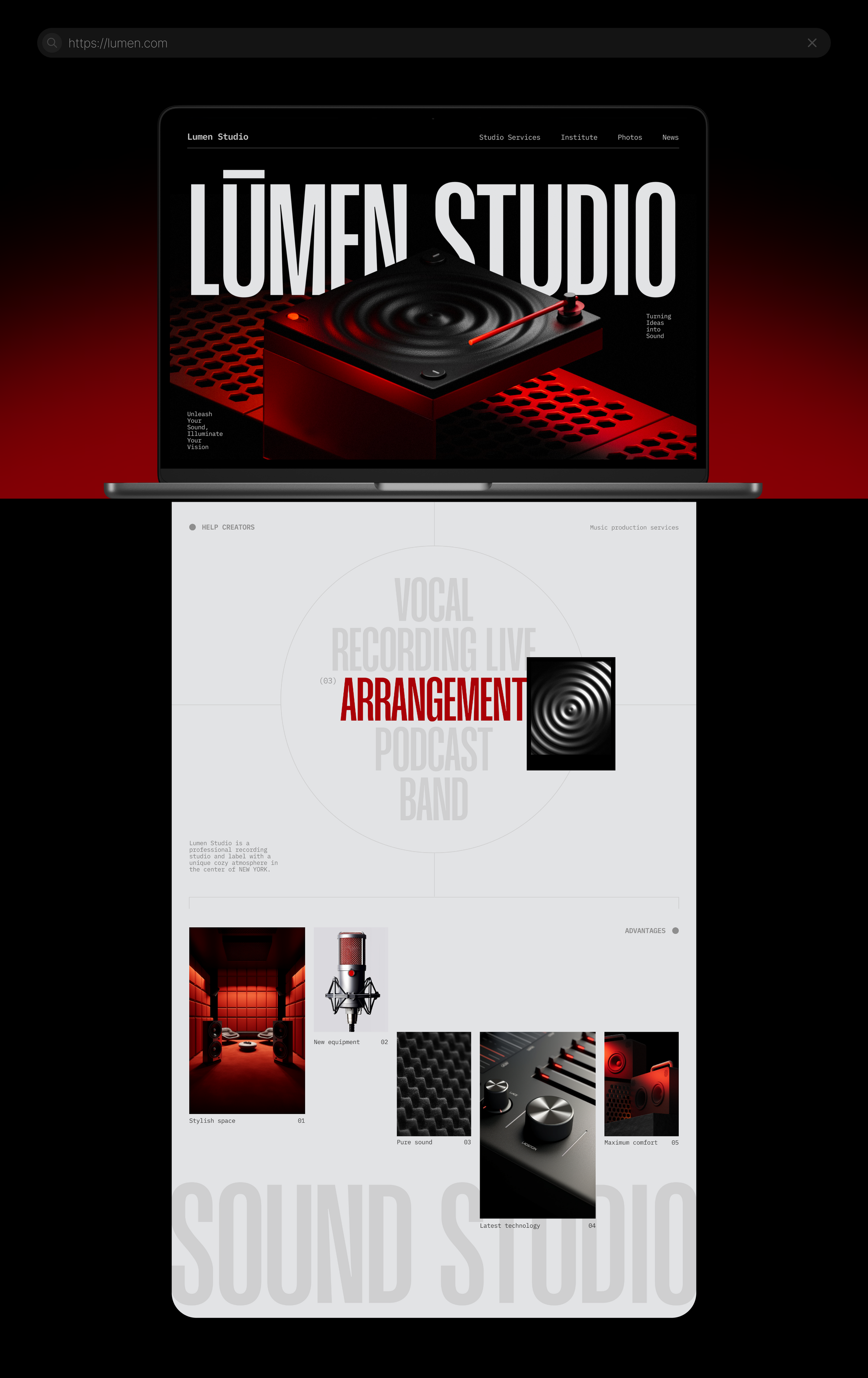 LUMEN SOUND STUDIO | DESIGN CONCEPT | WEB — Изображение №4 — Интерфейсы, 3D на Dprofile
