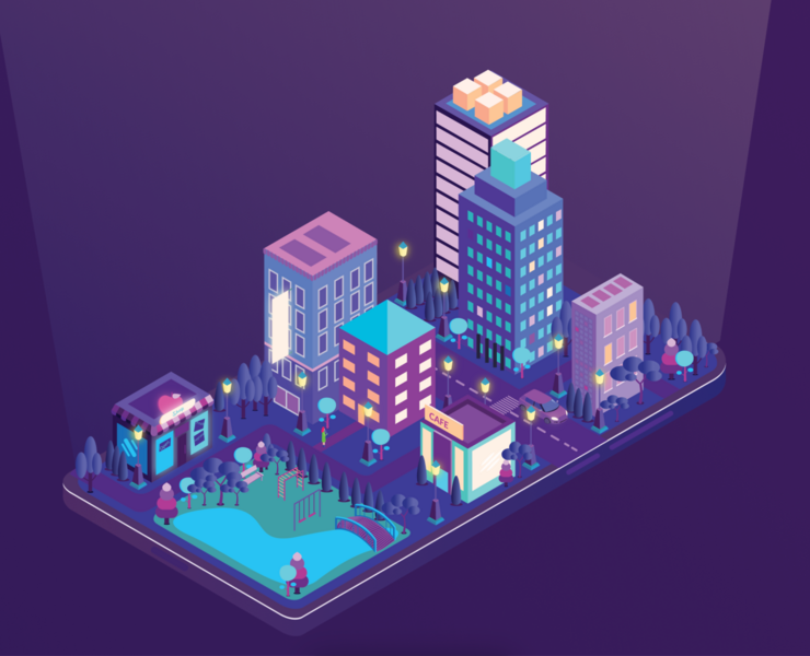 Ночной город в изометрии — Иллюстрация на Dprofile