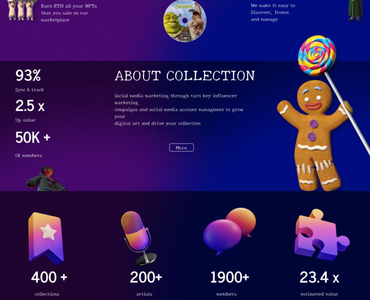 Shrek NFT — Интерфейсы, 3D на Dprofile