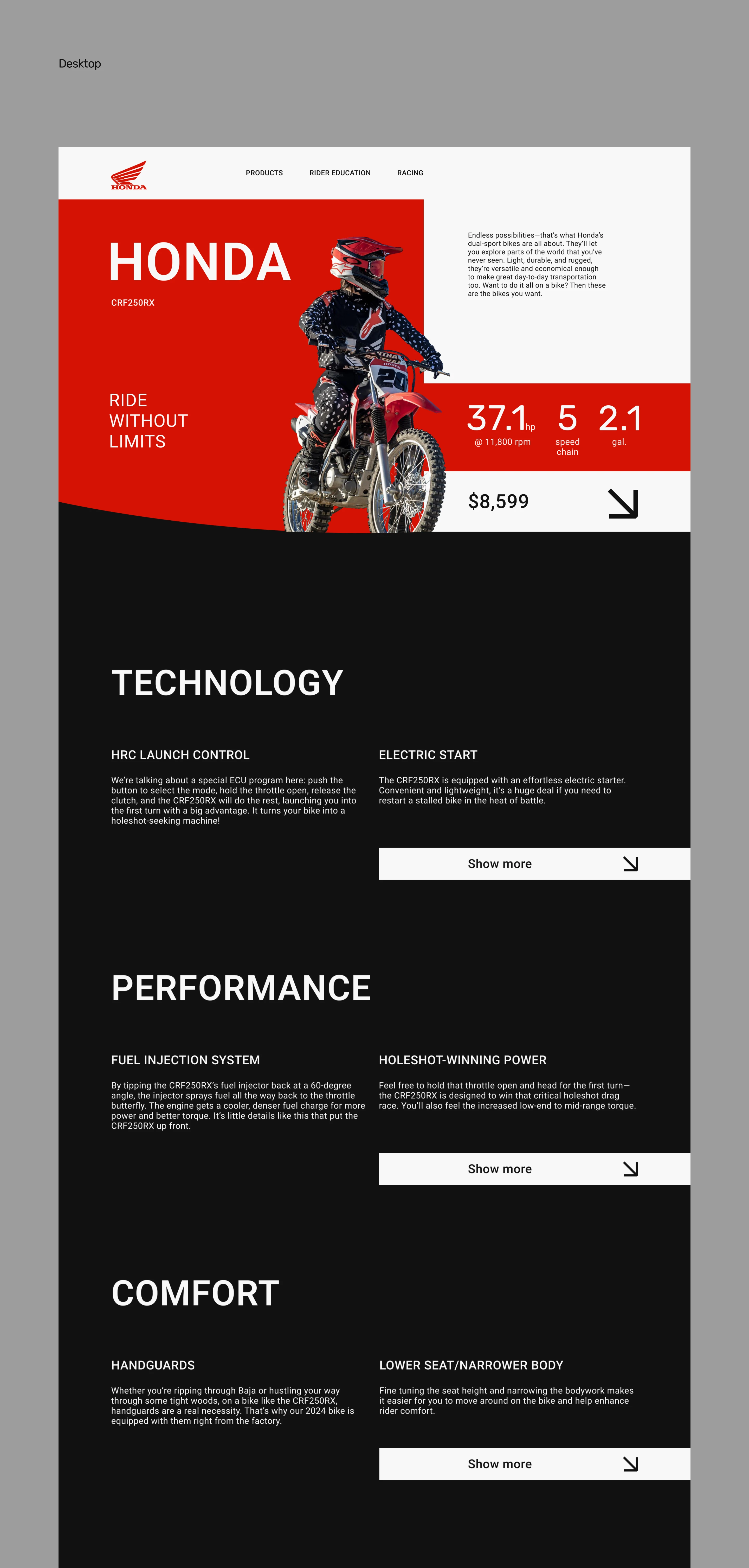 E-commerce | Landing page of Enduro bike by Honda — Изображение №2 — Интерфейсы на Dprofile