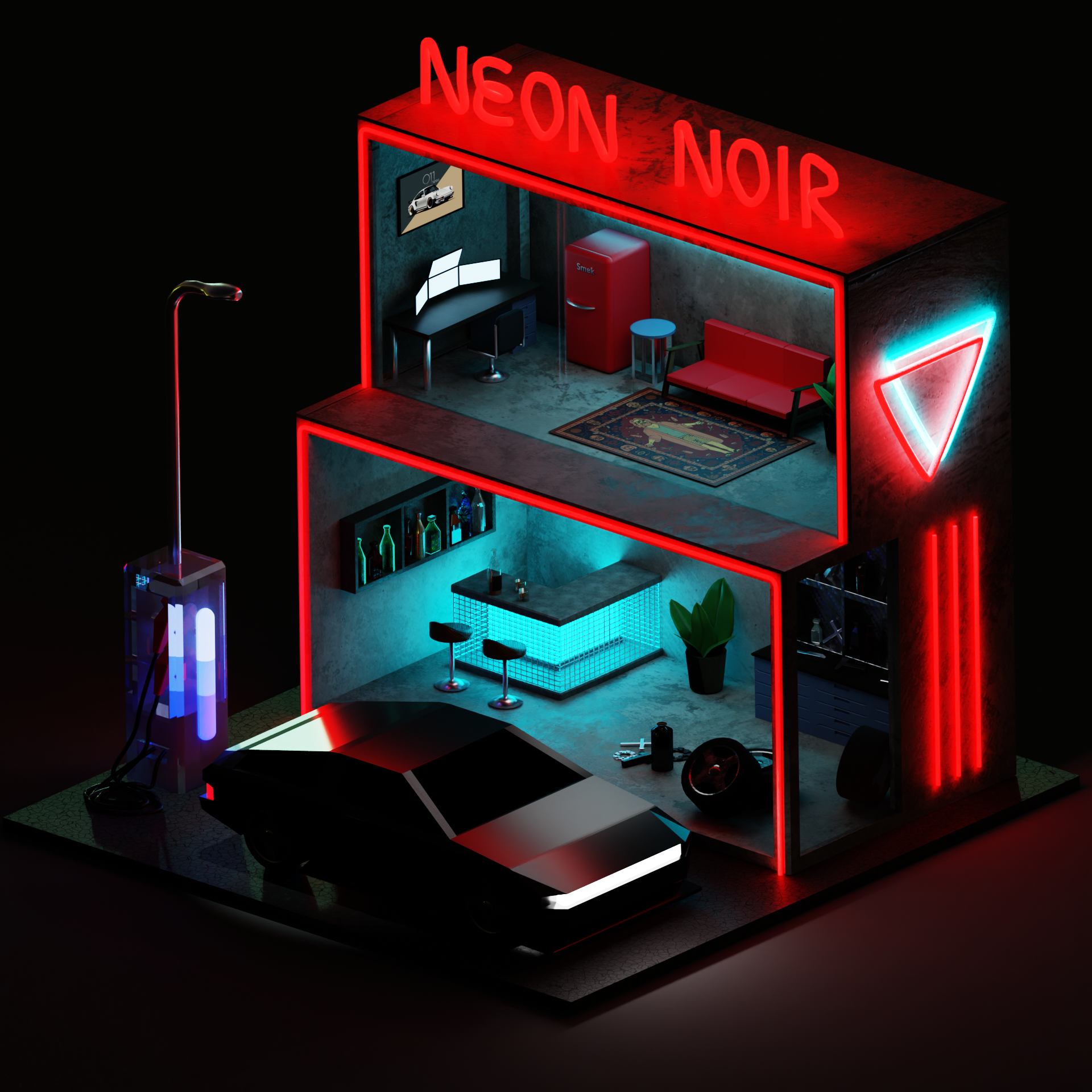3d model of tiny house-garage. Neon punk style — Изображение №1 — Иллюстрация, 3D на Dprofile