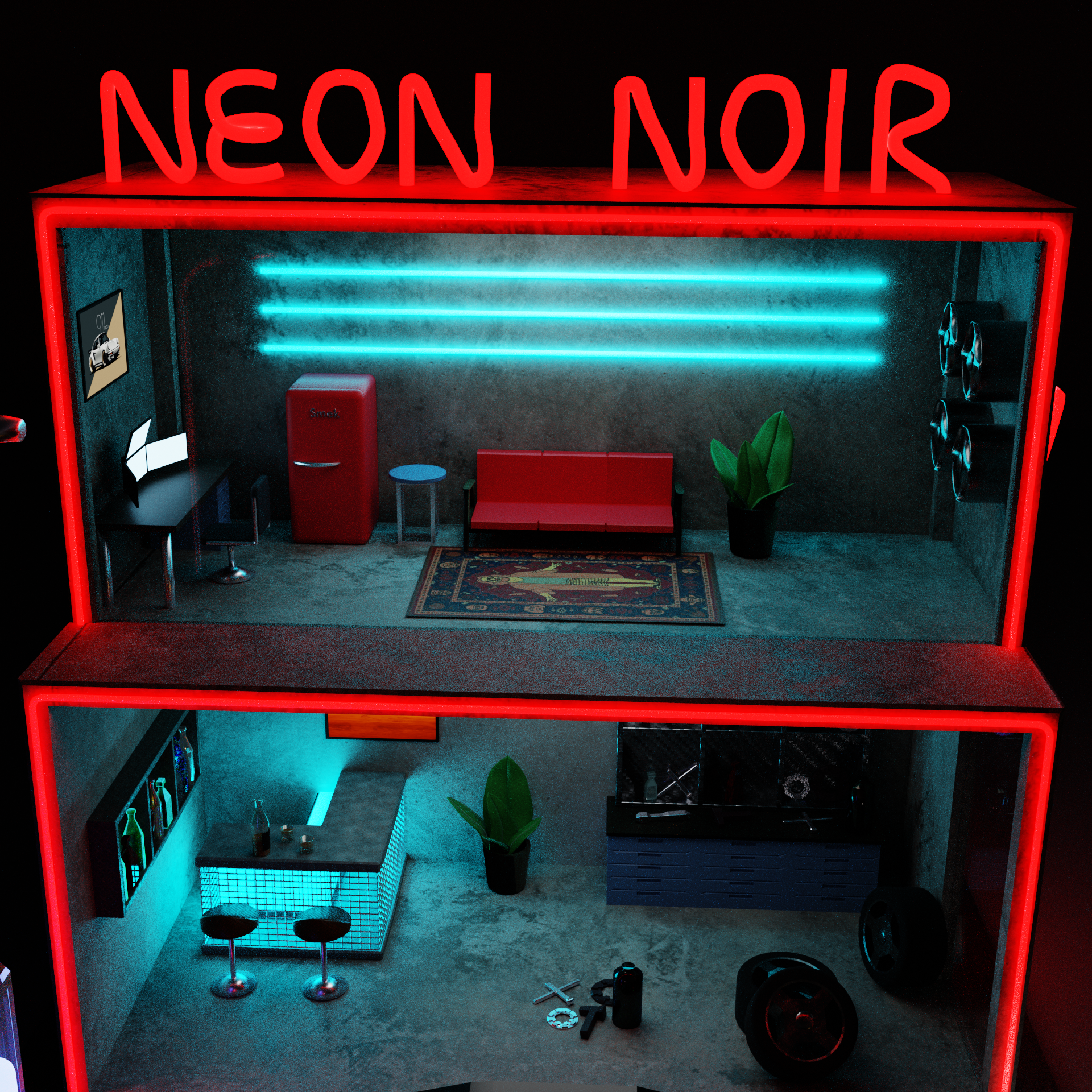 3d model of tiny house-garage. Neon punk style — Изображение №3 — Иллюстрация, 3D на Dprofile