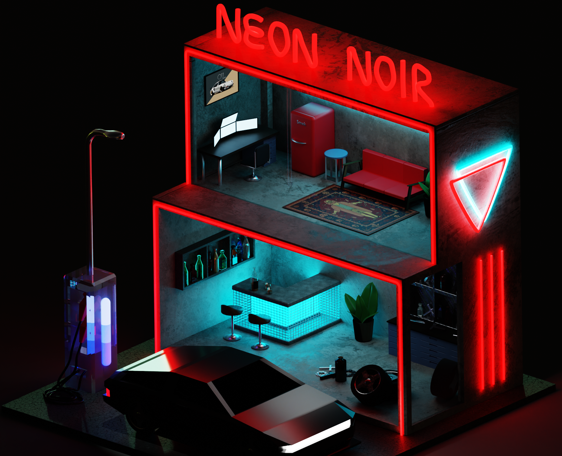3d model of tiny house-garage. Neon punk style — Иллюстрация, 3D на Dprofile