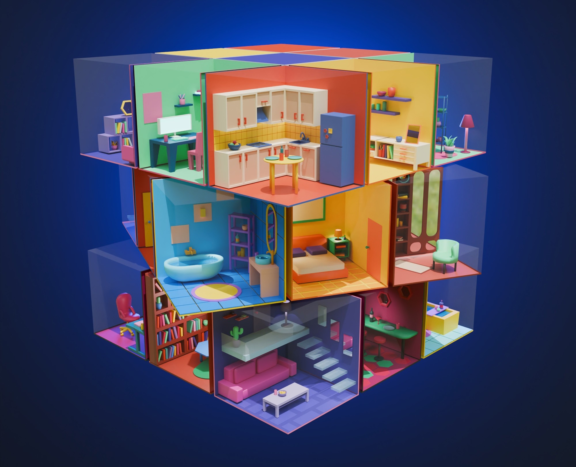 Rubik's Cube with rooms — Иллюстрация, 3D на Dprofile