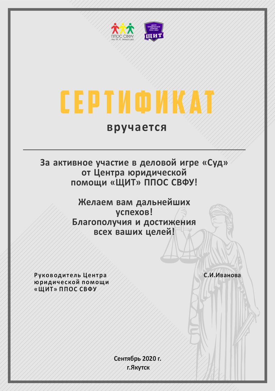 Сертификат и благодарка для деловой игры "Суд" от ЦЮП "ЩИТ" — Изображение №2 — Графика на Dprofile