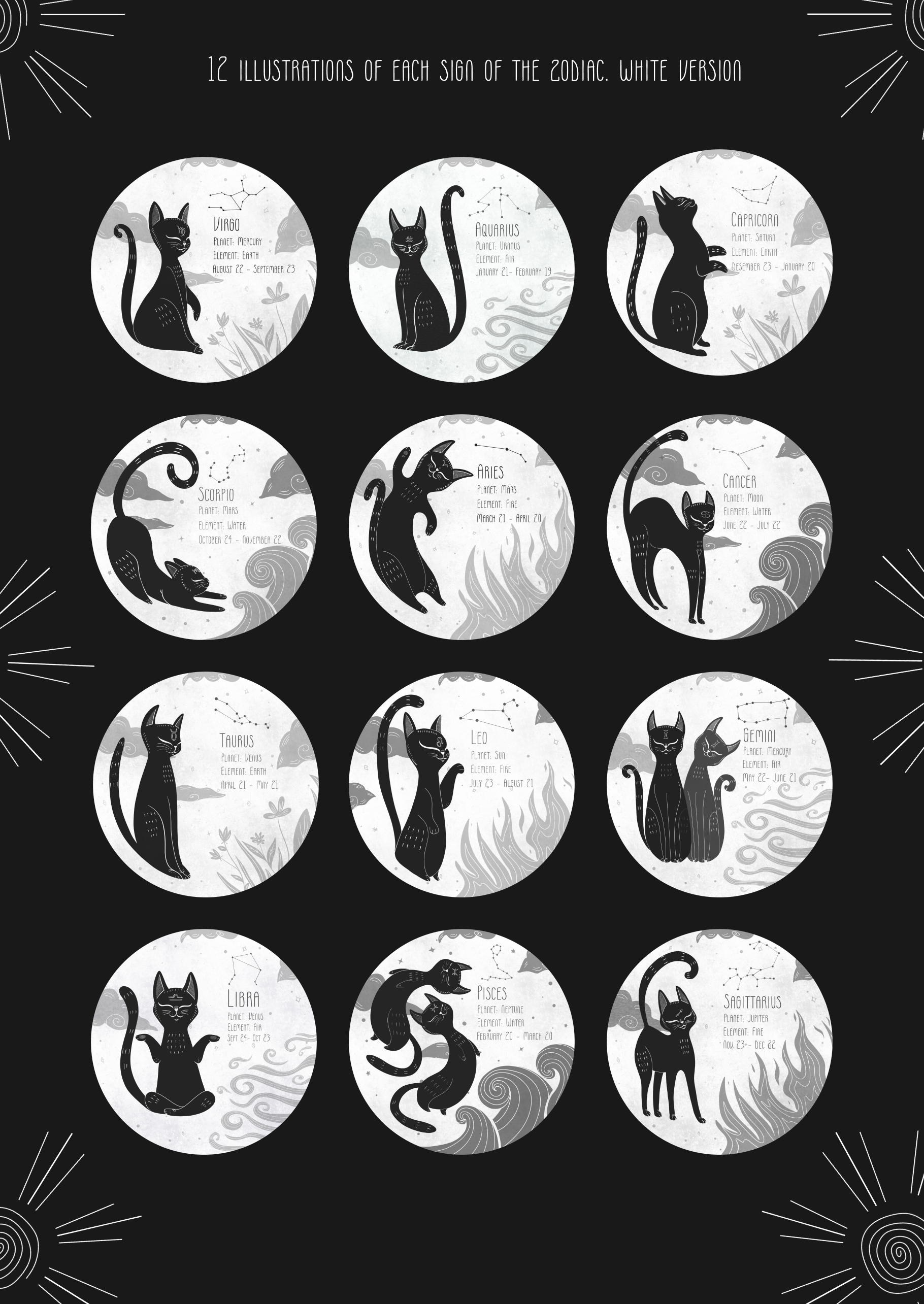 "Кошки-зодиаки" Мистический астрологический клипарт — Изображение №8 — Иллюстрация, Графика на Dprofile