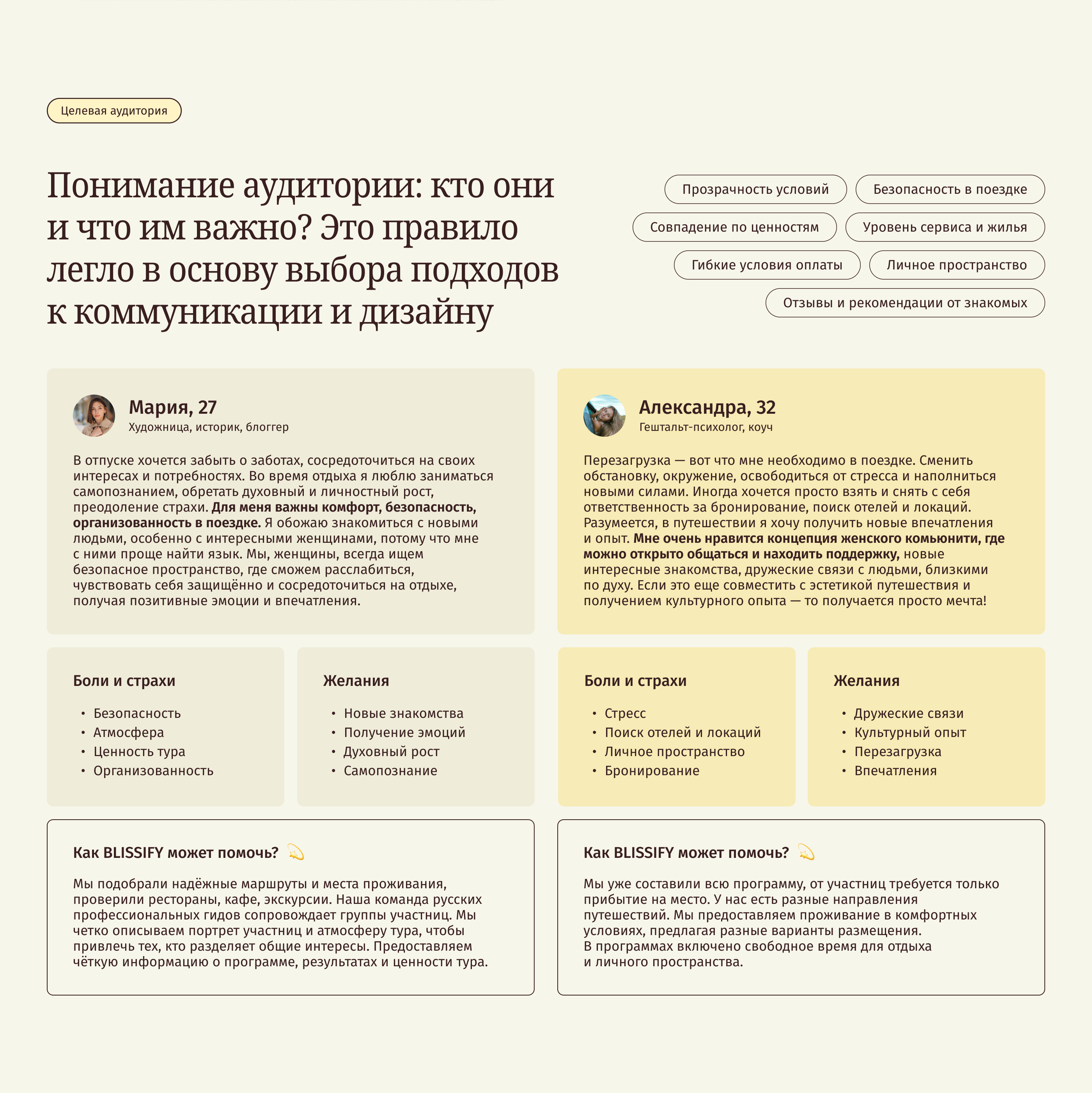 BLISSIFY | Авторские туры для женщин |UX/UI — Изображение №3 — Интерфейсы, Брендинг на Dprofile