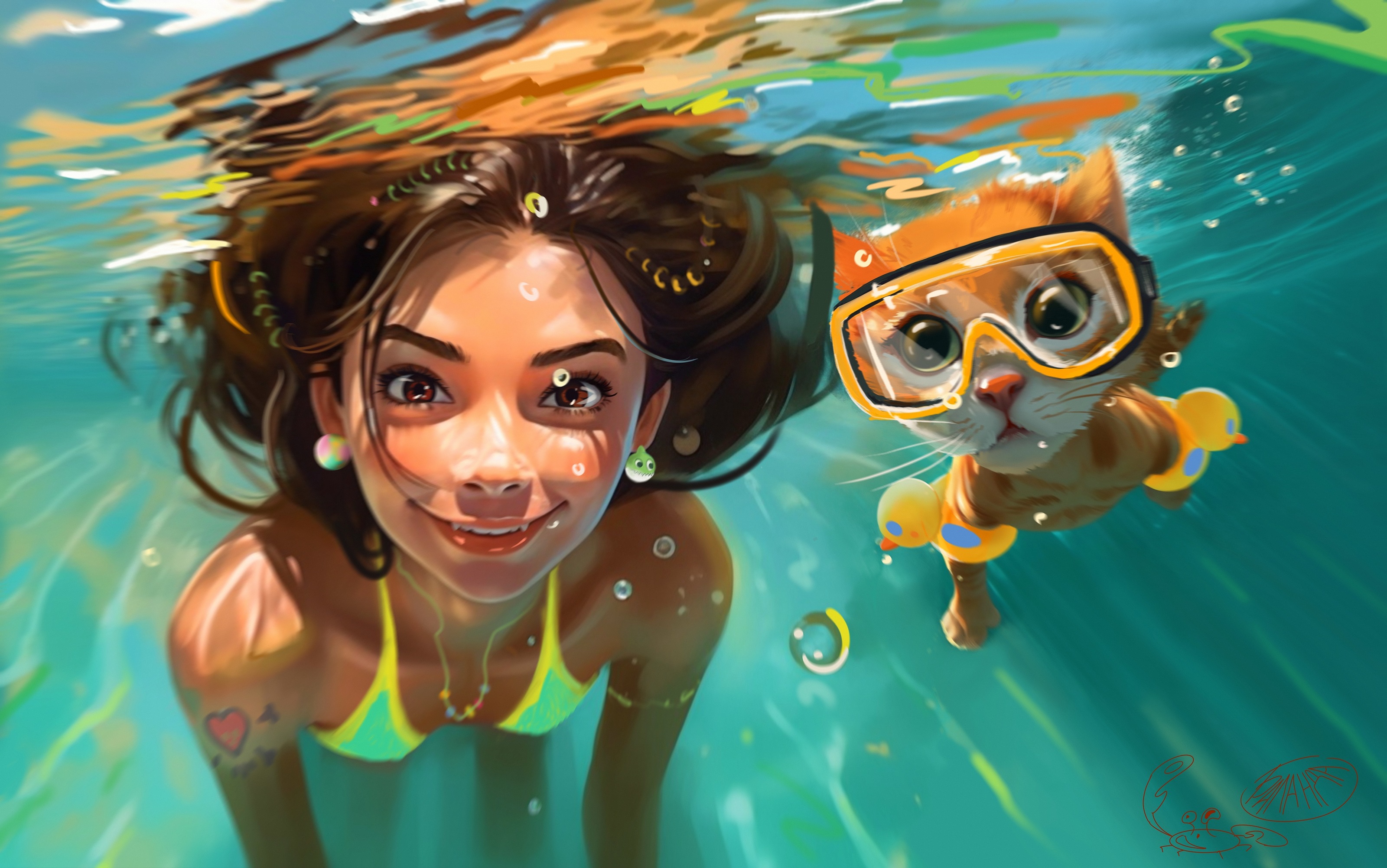 a girl and a cat in the ocean — Изображение №1 — Иллюстрация на Dprofile