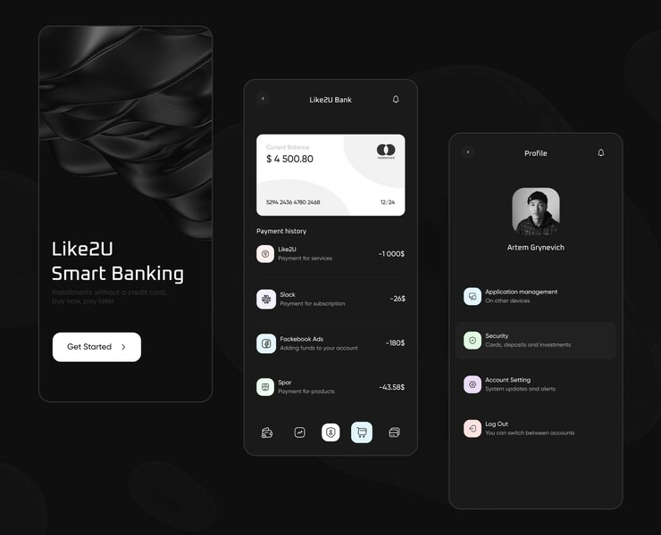 Like2U Smart Banking Dark — Интерфейсы, Брендинг на Dprofile