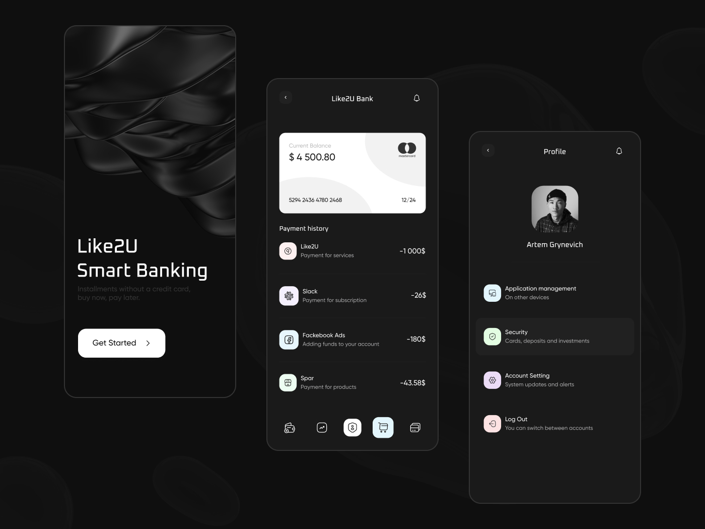 Like2U Smart Banking Dark — Изображение №1 — Интерфейсы, Брендинг на Dprofile
