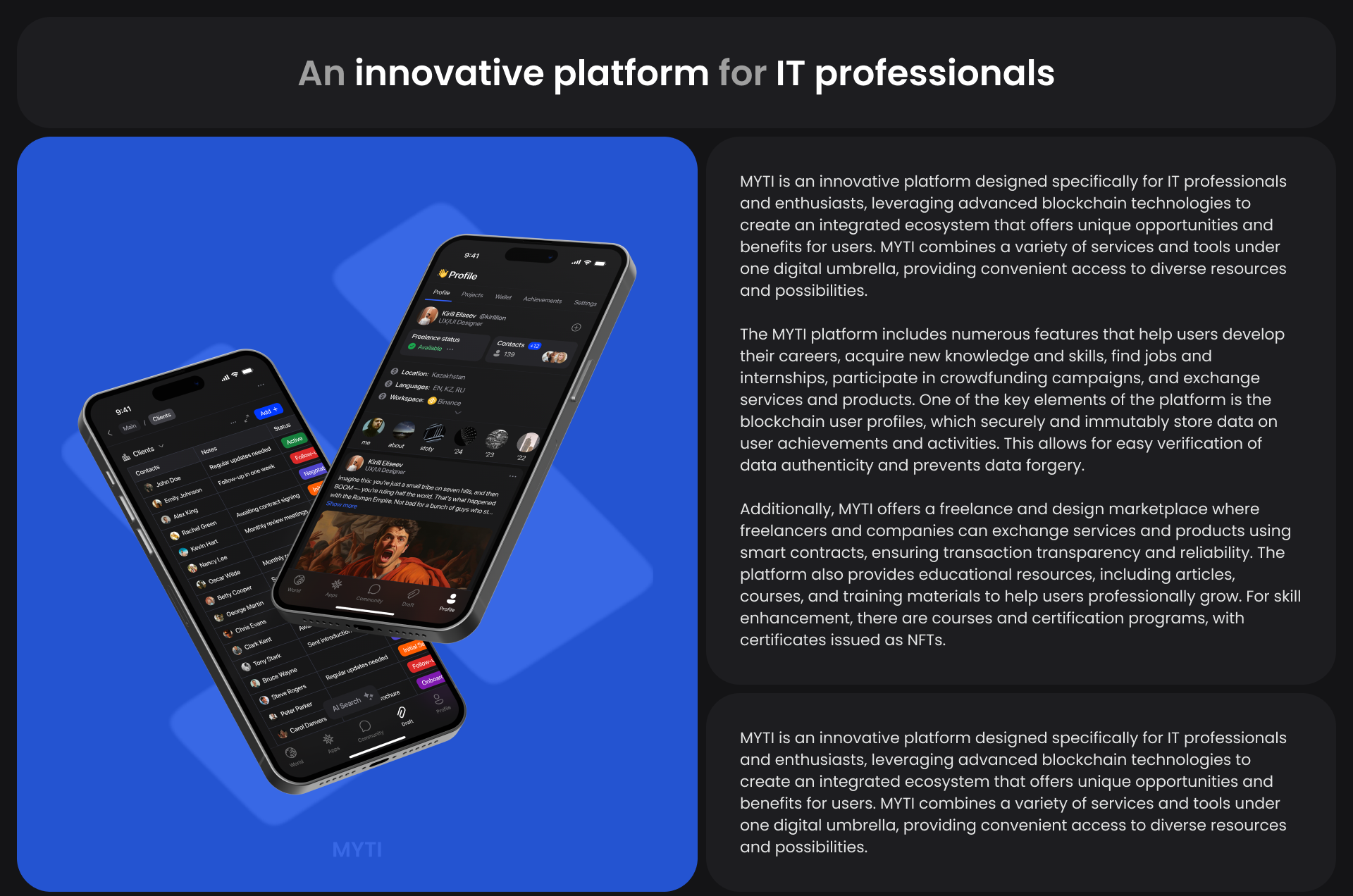 MYTI | Community IT Specialist's | UX/UI Mobile App — Изображение №1 — Интерфейсы, Графика на Dprofile