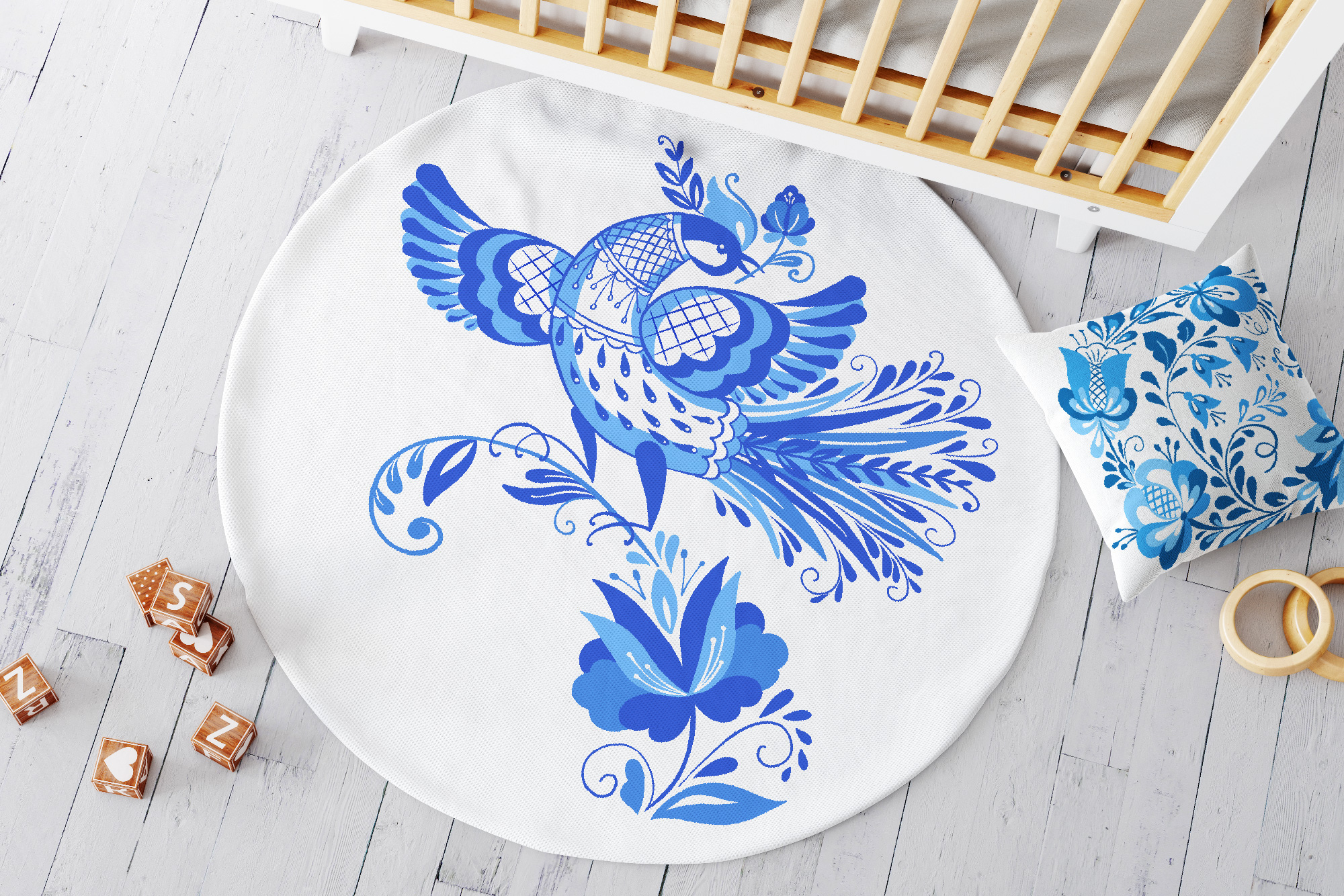 Gzhel style prints. Folk Bird. Wreath of flowers. — Изображение №3 — Иллюстрация на Dprofile