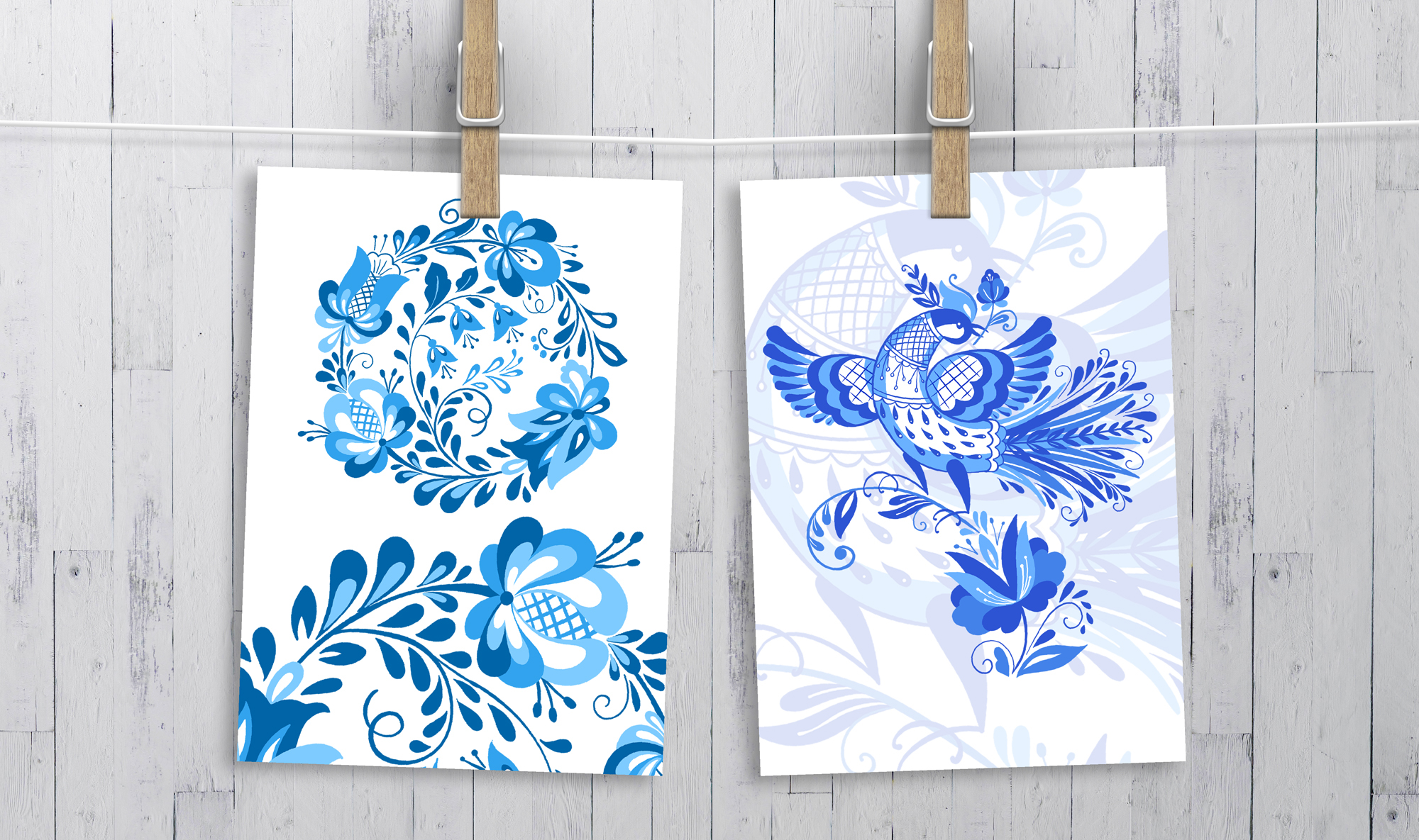Gzhel style prints. Folk Bird. Wreath of flowers. — Изображение №4 — Иллюстрация на Dprofile