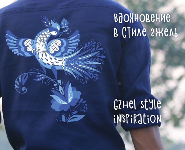 Gzhel style prints. Folk Bird. Wreath of flowers. — Иллюстрация на Dprofile