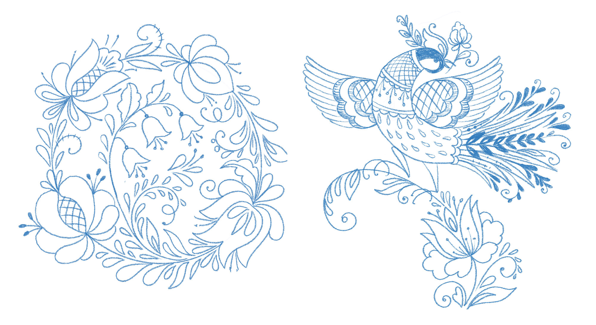 Gzhel style prints. Folk Bird. Wreath of flowers. — Изображение №2 — Иллюстрация на Dprofile
