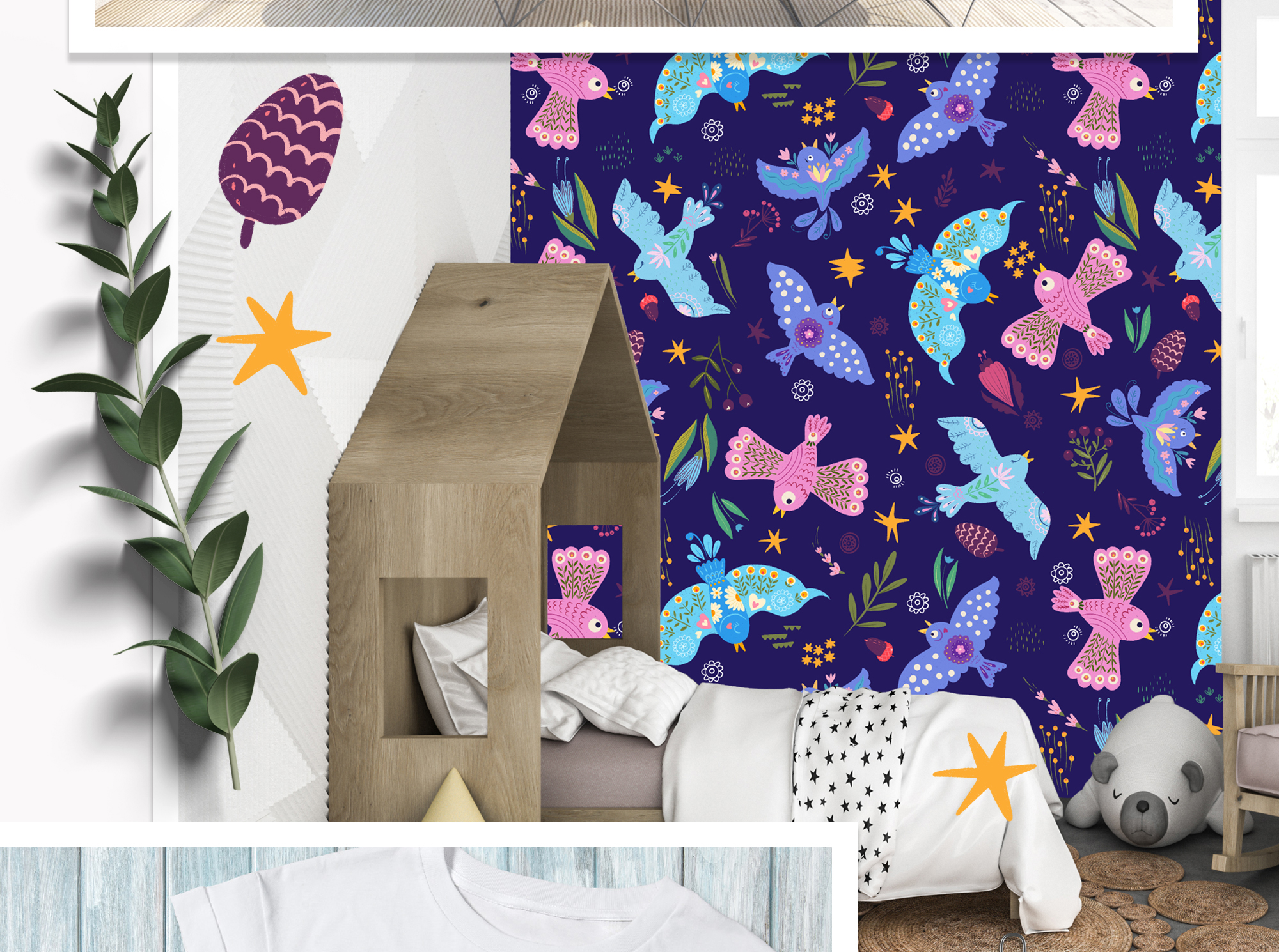 Синие птицы счастья. Принт для  текстиля и обоев — Изображение №5 — Иллюстрация на Dprofile