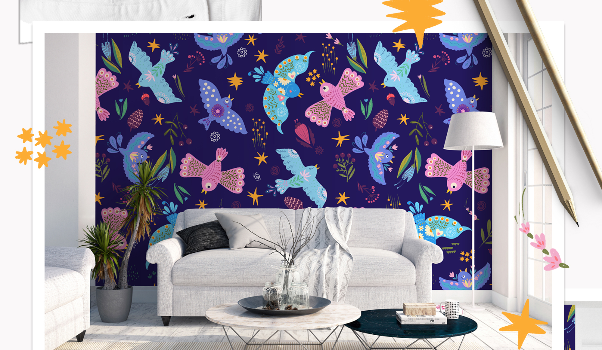 Синие птицы счастья. Принт для  текстиля и обоев — Изображение №4 — Иллюстрация на Dprofile