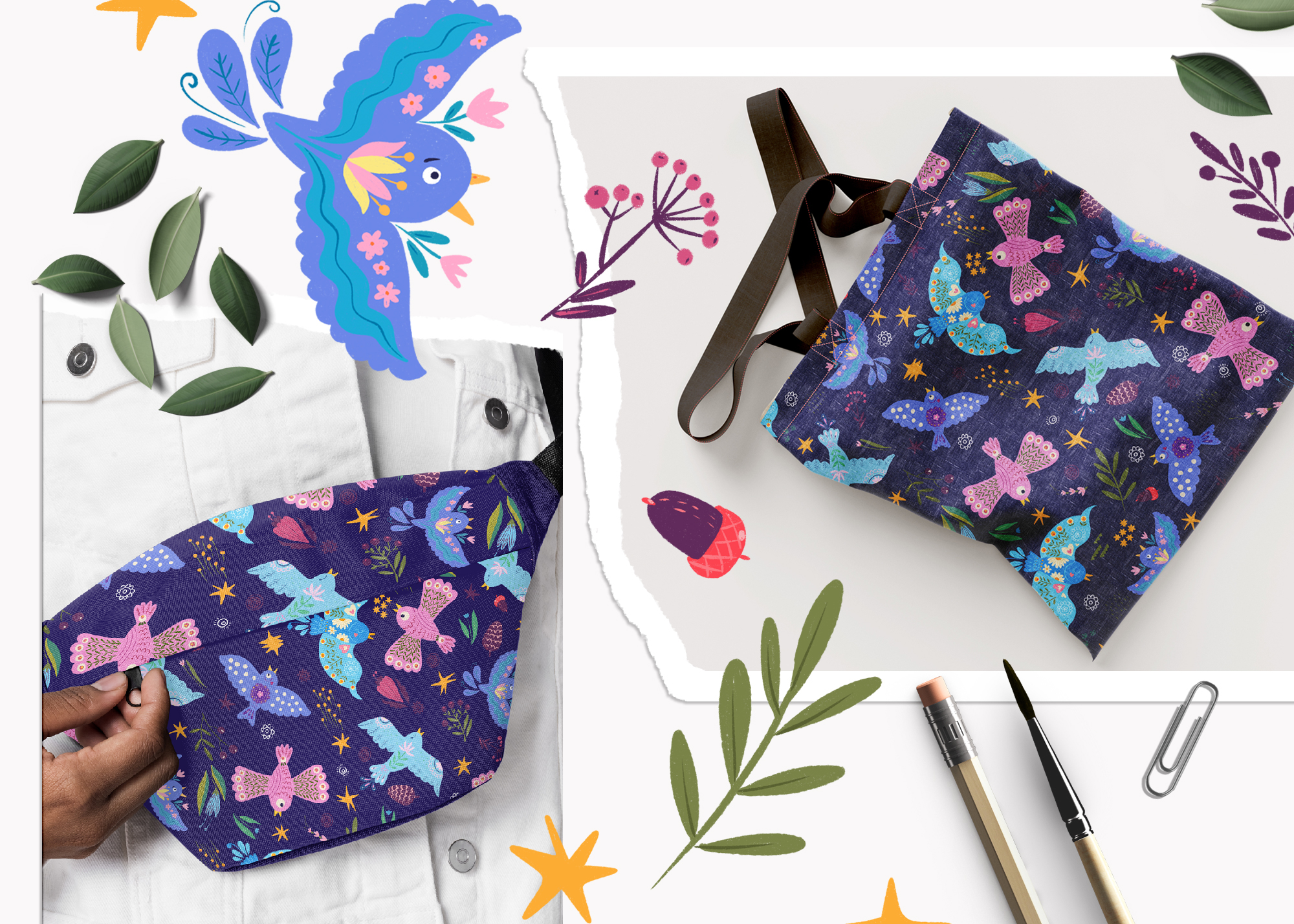 Синие птицы счастья. Принт для  текстиля и обоев — Изображение №3 — Иллюстрация на Dprofile