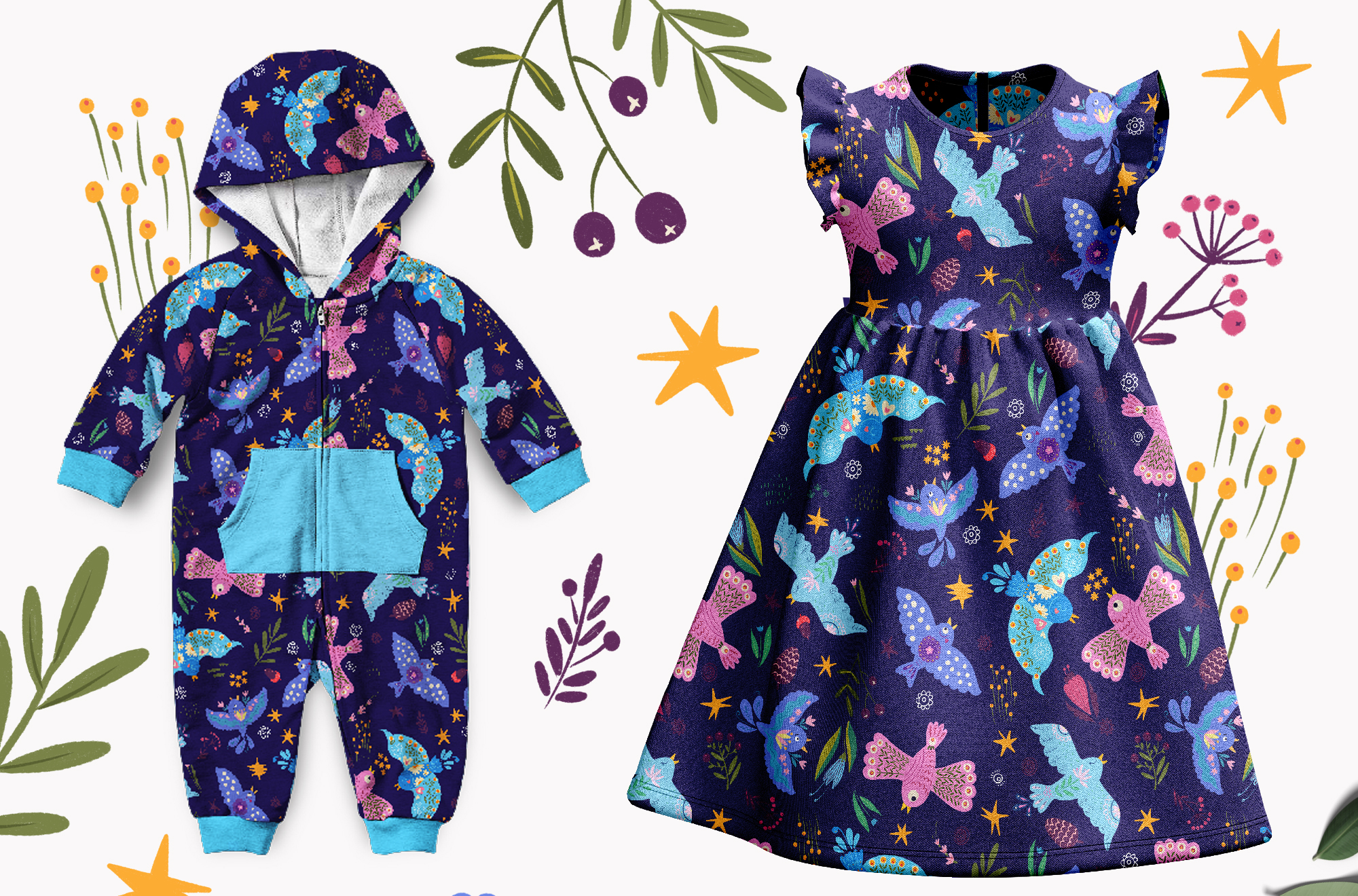 Синие птицы счастья. Принт для  текстиля и обоев — Изображение №2 — Иллюстрация на Dprofile