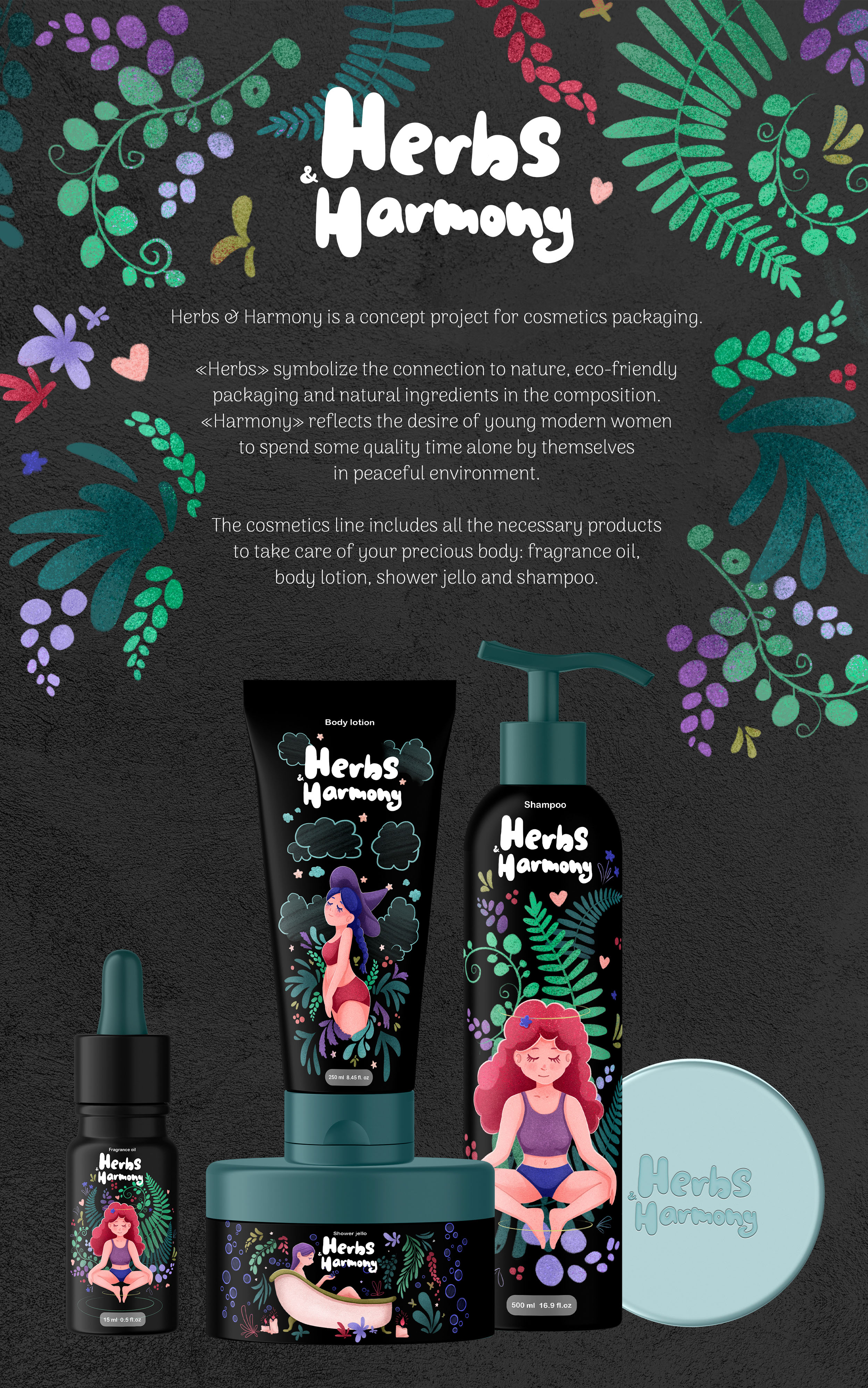 Herbs & Harmony Cosmetics Body Care Packaging design — Изображение №1 — Брендинг, Иллюстрация на Dprofile