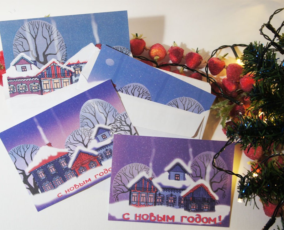 Новогодние открытки. Зимние домики. — Иллюстрация на Dprofile