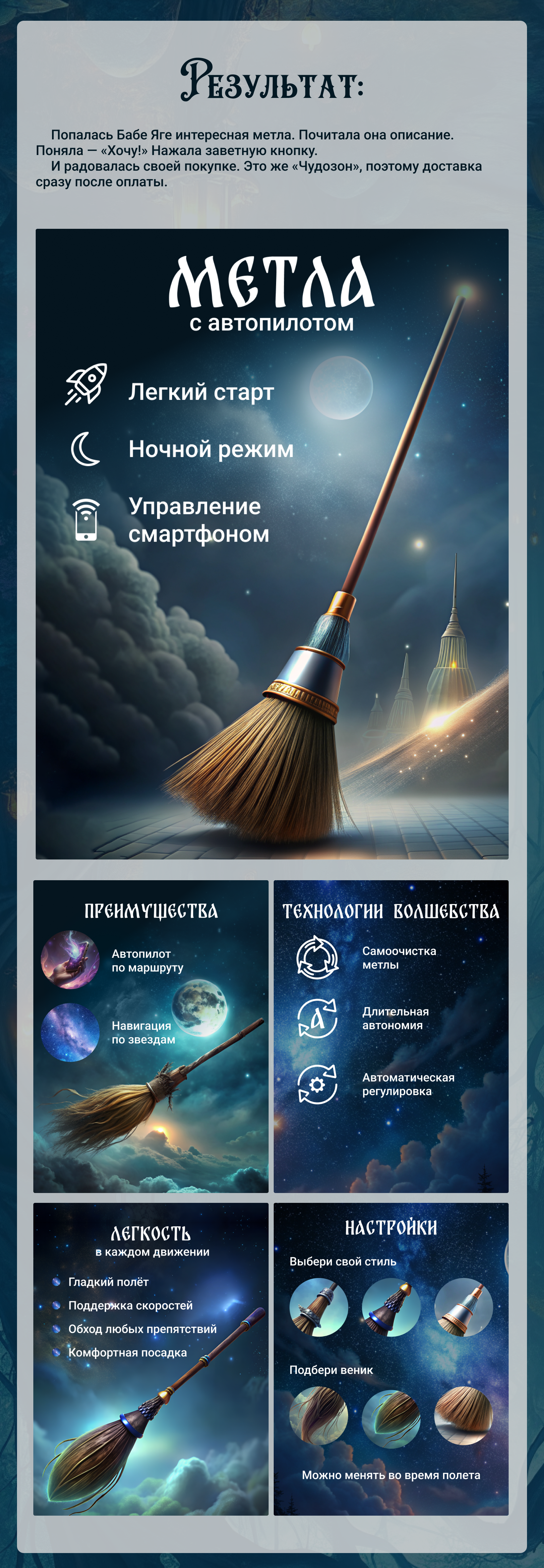 Дизайн карточки сказочного товара "Метла с автопилотом" — Изображение №5 — Иллюстрация, Маркетинг на Dprofile