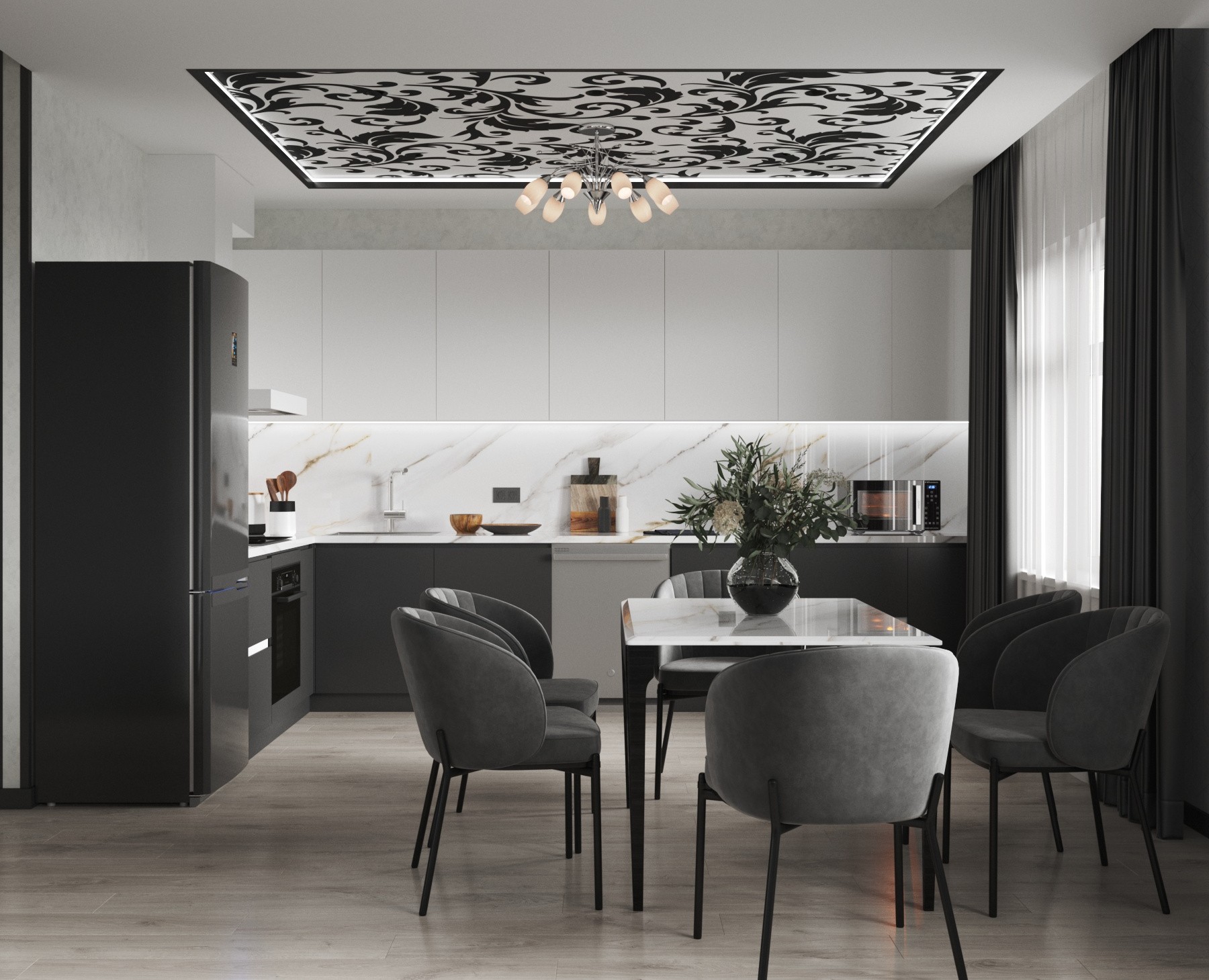 Интерьер чёрно-белой кухни-гостиной на Dprofile