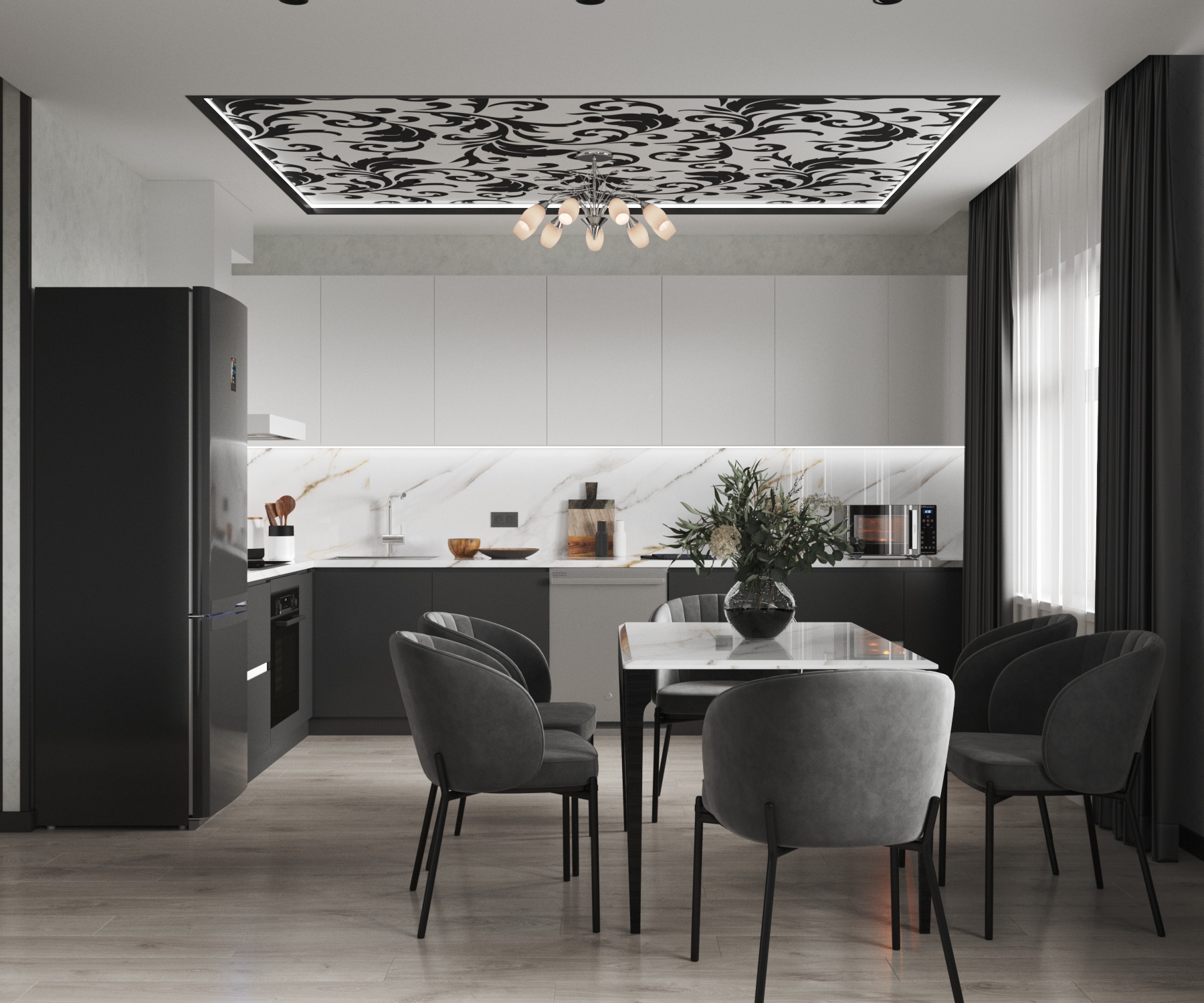Интерьер чёрно-белой кухни-гостиной — Изображение №1 — 3D на Dprofile