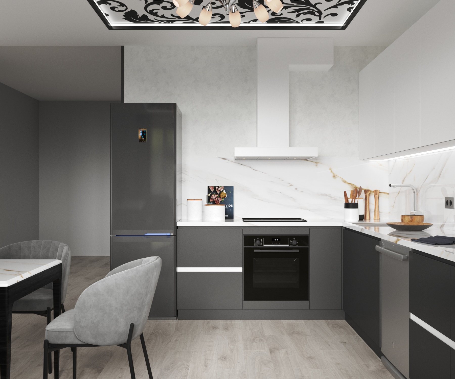 Интерьер чёрно-белой кухни-гостиной — Изображение №2 — 3D на Dprofile