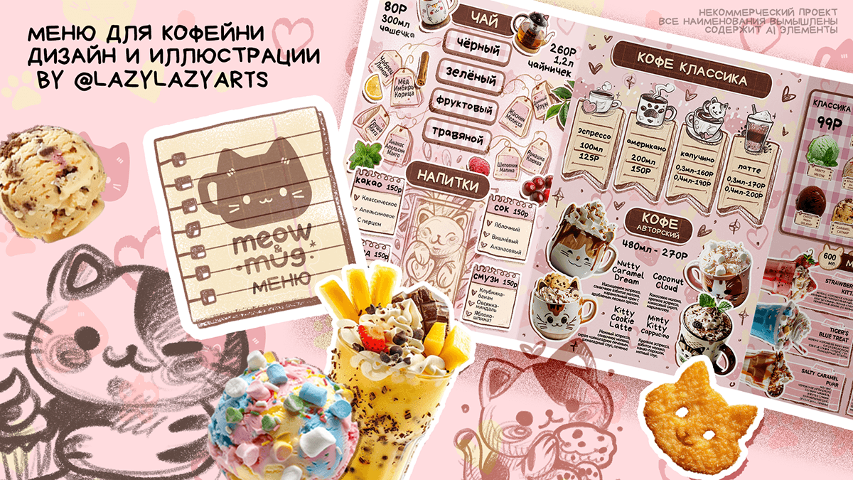 "MEOW&MUG" / Меню для кофейни — Изображение №1 — Иллюстрация, Графика на Dprofile