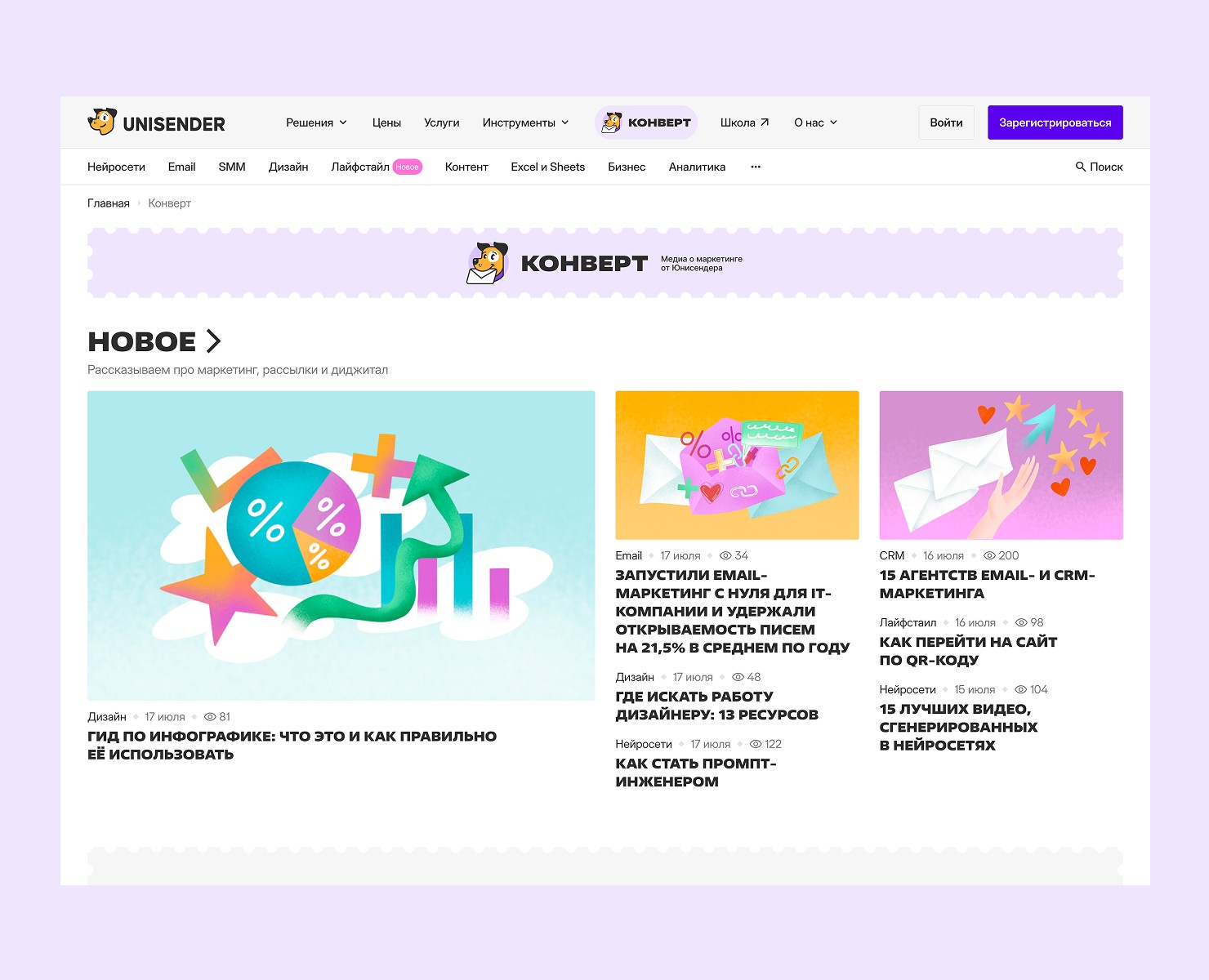 Сайт бренд-медиа о маркетинге «Конверт» — Интерфейсы, Брендинг на Dprofile