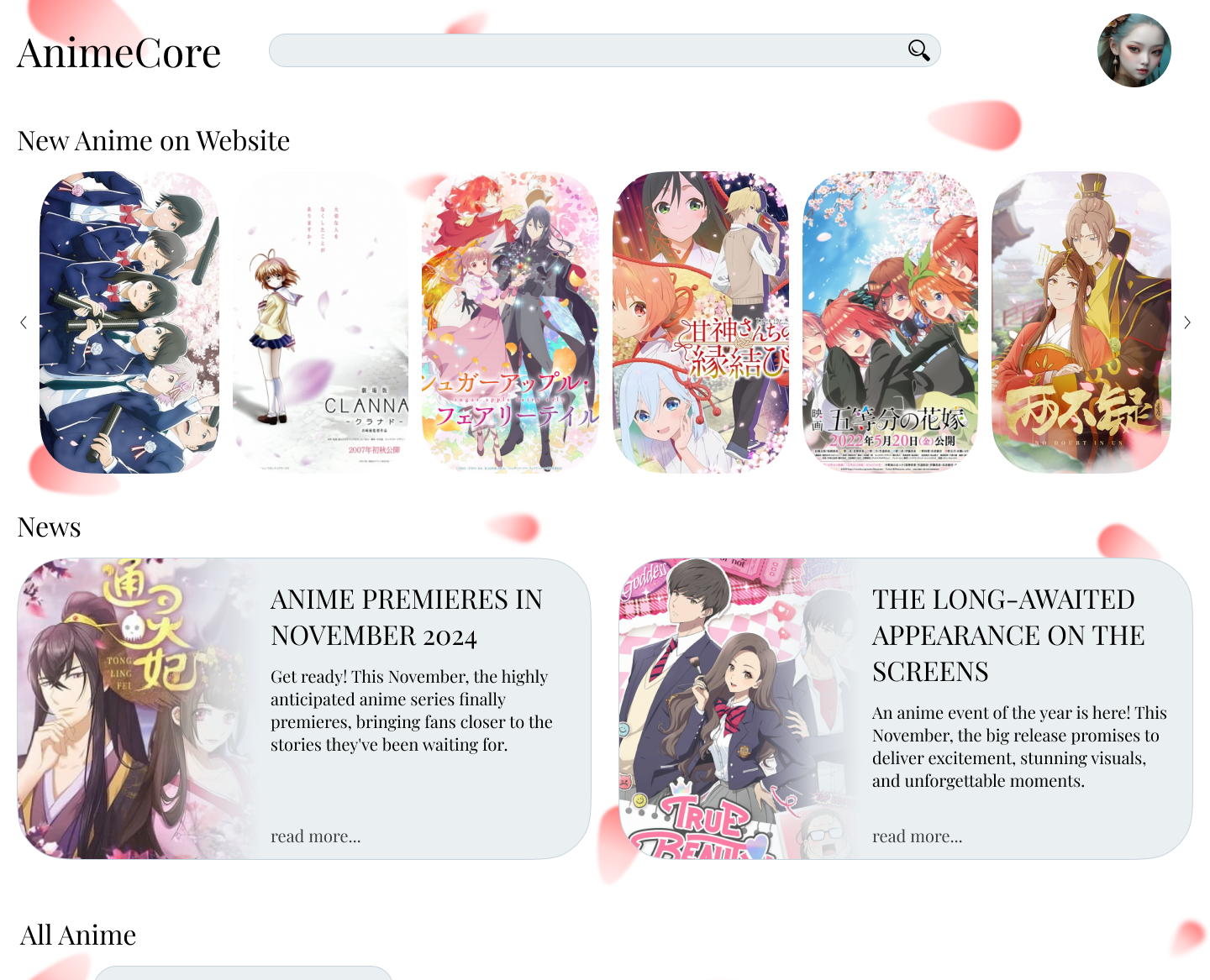 Сайт для просмотра аниме AnimeCore — Интерфейсы на Dprofile