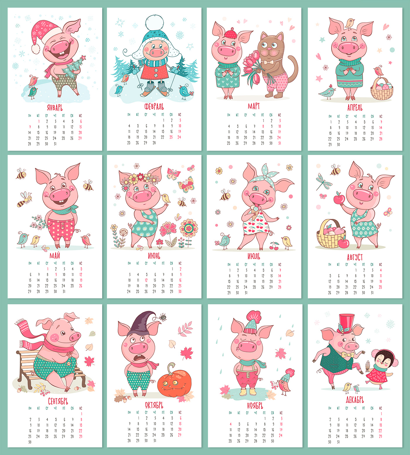 Pig Calendar 2019 — Изображение №9 — Иллюстрация на Dprofile