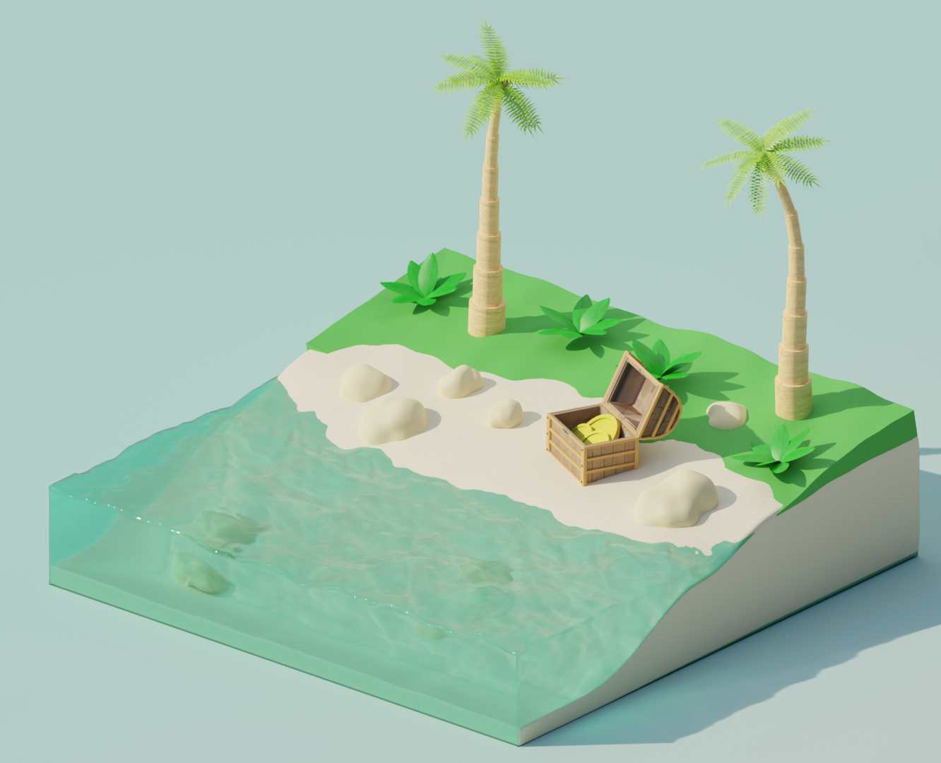 3D Иллюстрация Blender пляж с сокровищами — Иллюстрация, 3D на Dprofile