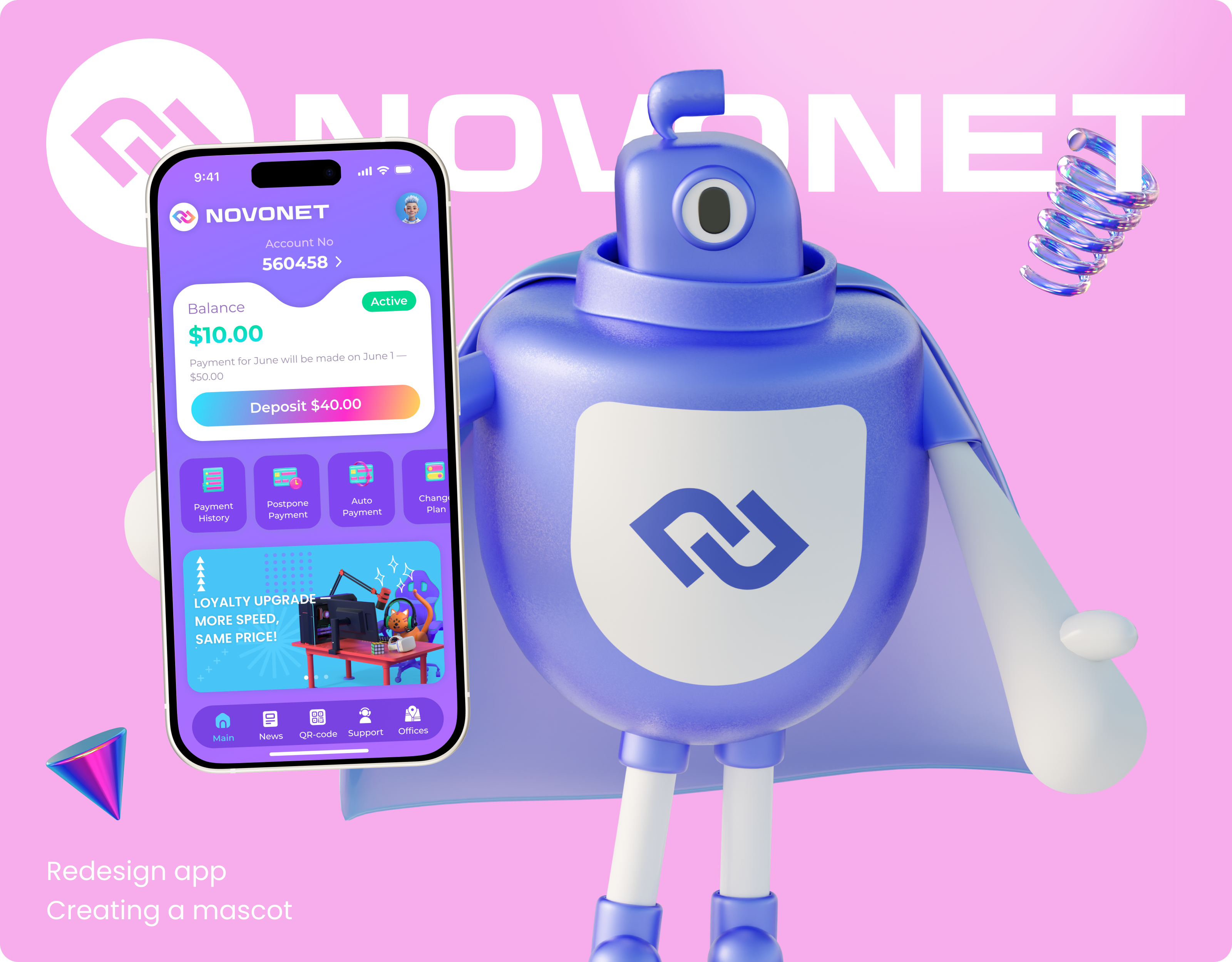 Novonet | Mascot & App Design — Изображение №1 — Интерфейсы, 3D на Dprofile
