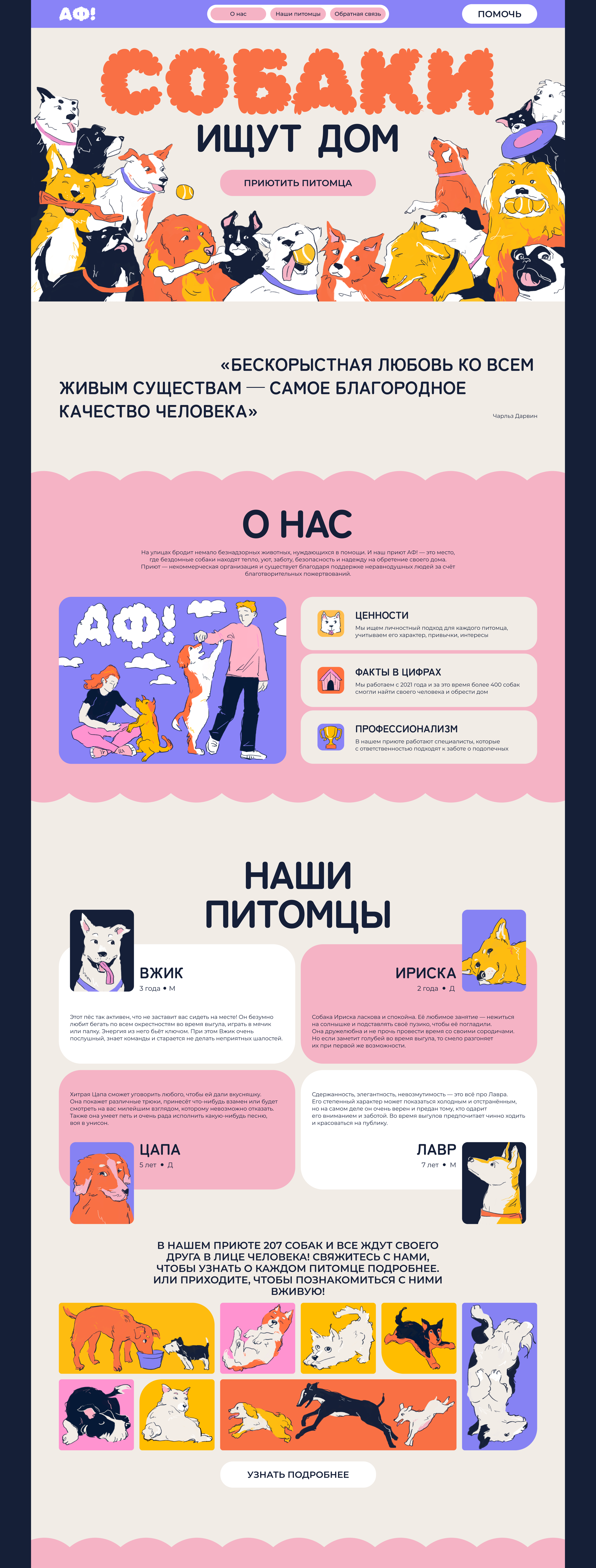 Landing Page приюта для собак АФ! — Изображение №2 — Интерфейсы, Иллюстрация на Dprofile