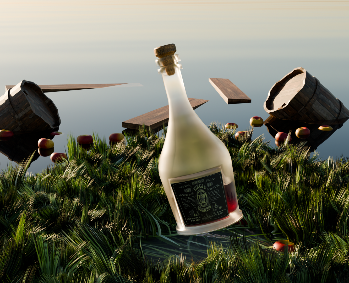 A glass bottle on the grass — Иллюстрация, 3D на Dprofile