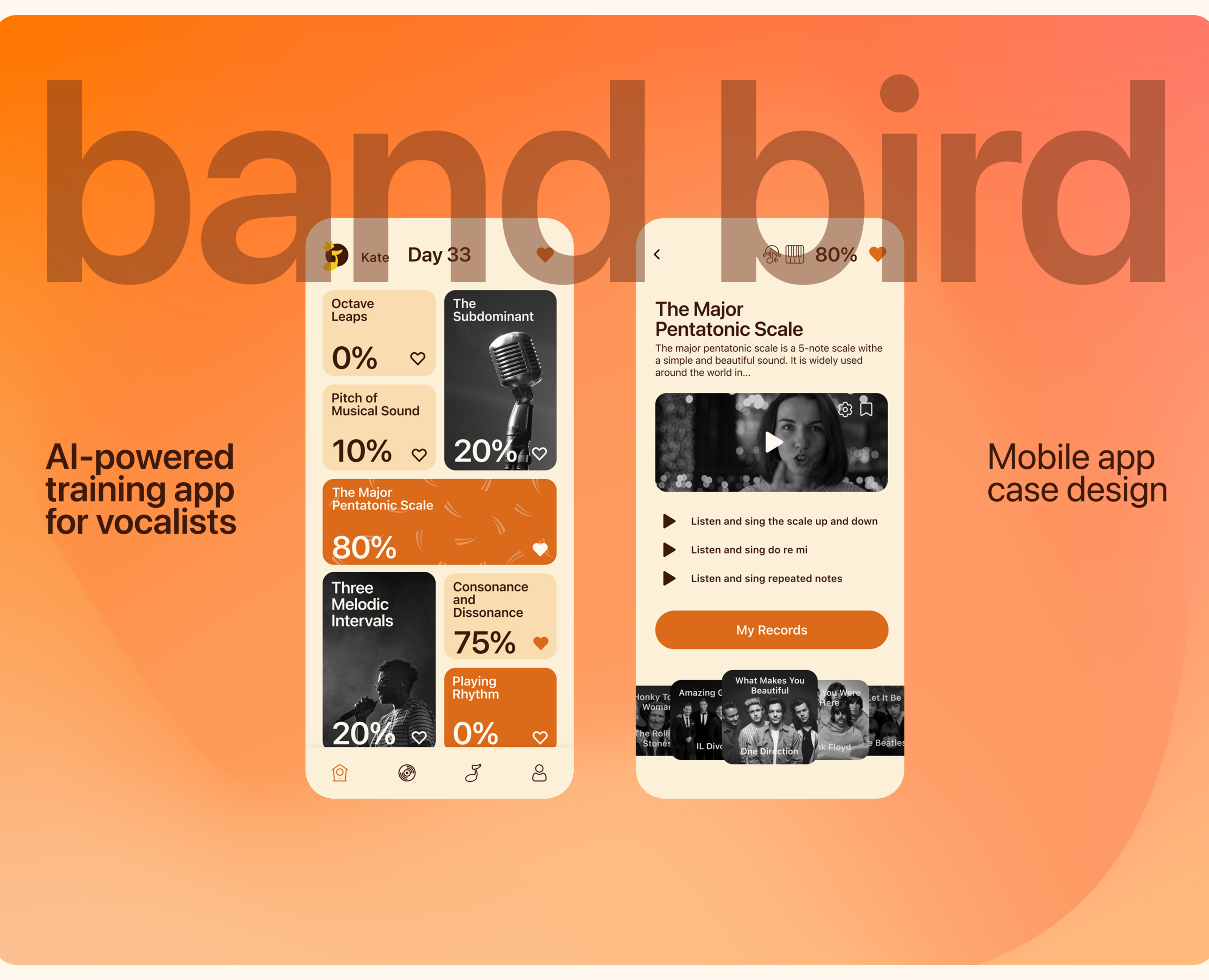 BandBird - vocal app design — Интерфейсы, Иллюстрация на Dprofile